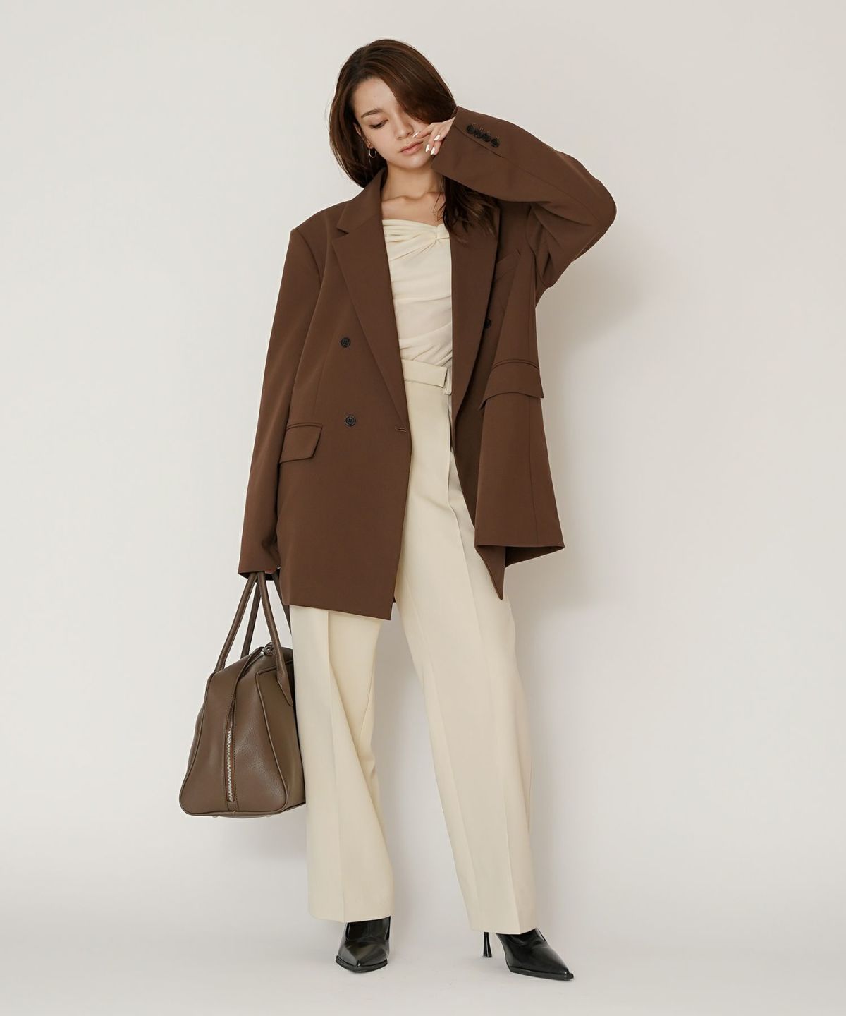 モード 肩幅 大きめ ブレザー アウター ビジネス 秋 韓国系 綺麗め 細見え カジュアル KINO THE KEI