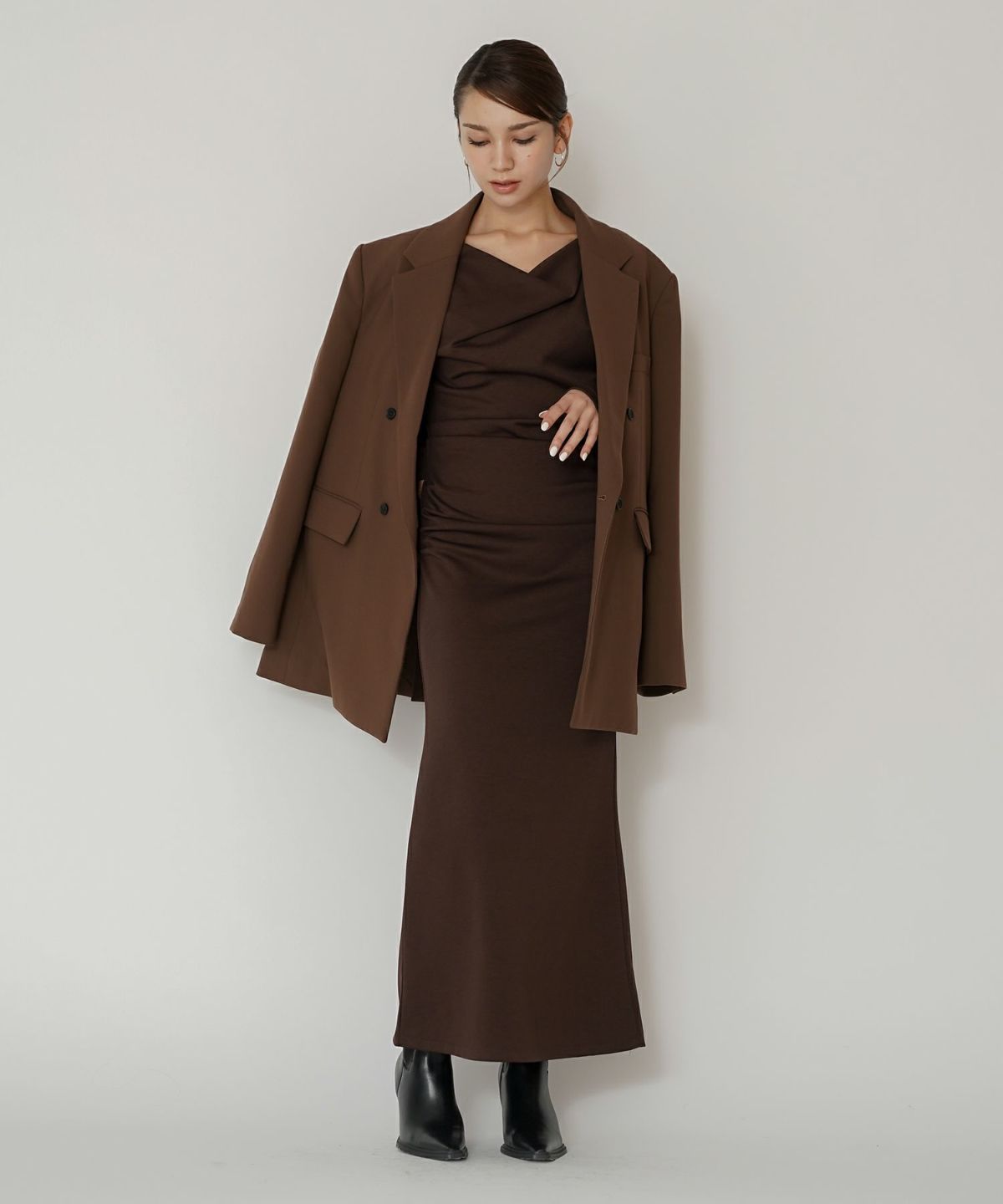 モード 肩幅 大きめ ブレザー アウター ビジネス 秋 韓国系 綺麗め 細見え カジュアル KINO THE KEI