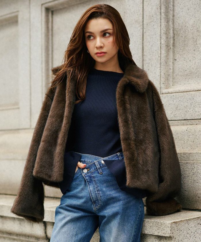 大人かわいい 上品 ディナー デート コンパクト クロップド丈 ファーコート 軽い 韓国風 綺麗め 細見え カジュアル KINO THE KEI