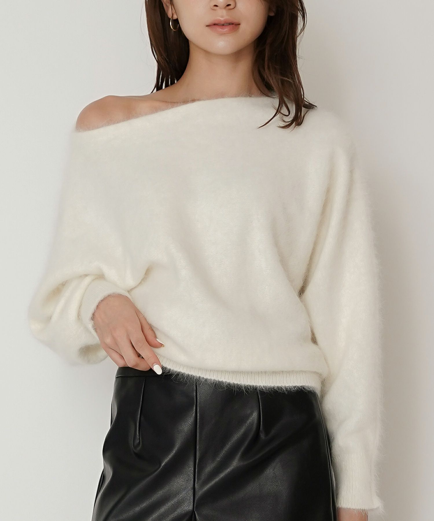 モヘア ラクーン オフショルニット ふんわりニット 女性らしい モテニット 韓国風 綺麗め 細見え カジュアル KINO THE KEI