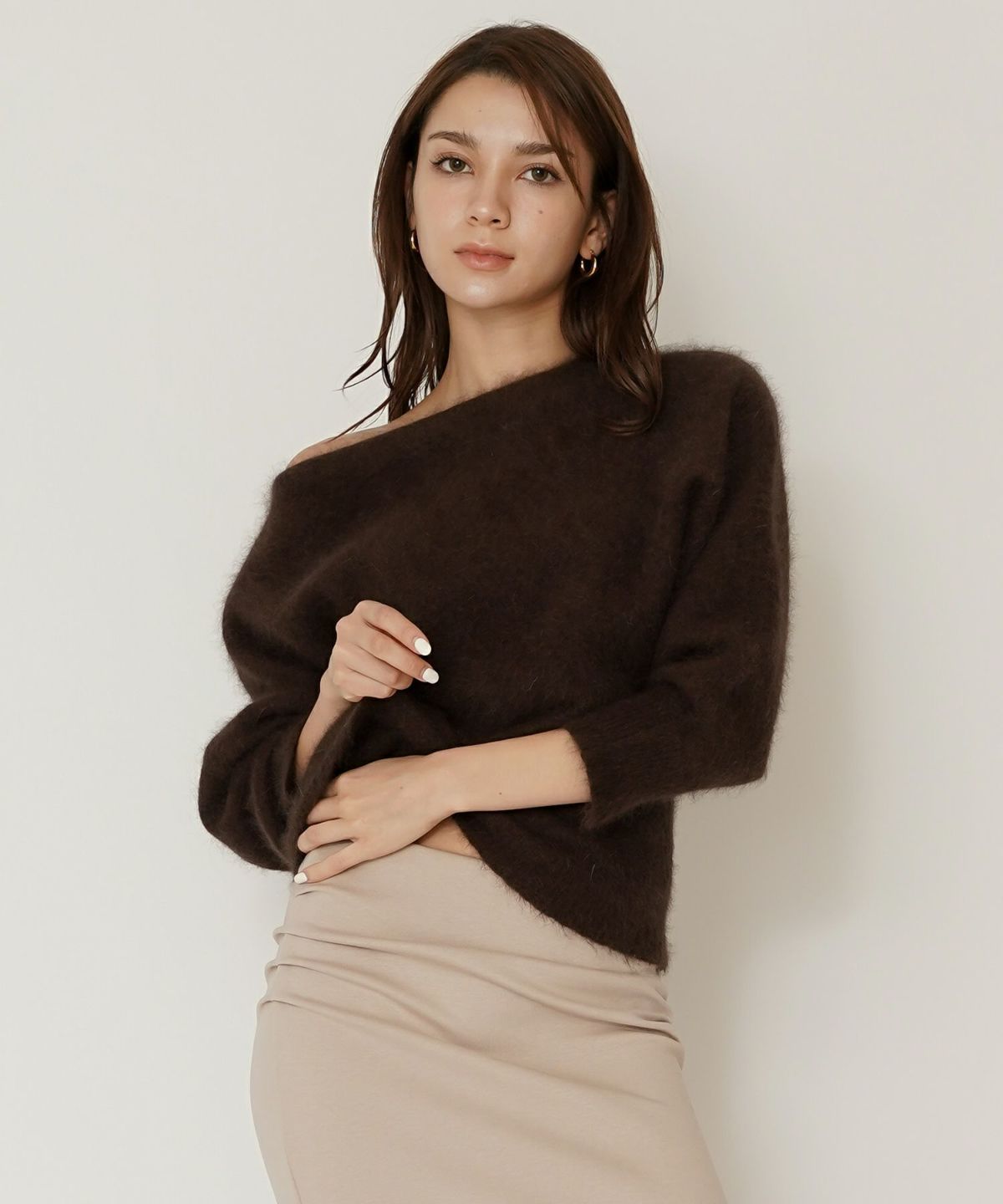 モヘア ラクーン オフショルニット ふんわりニット 女性らしい モテニット 韓国風 綺麗め 細見え カジュアル KINO THE KEI