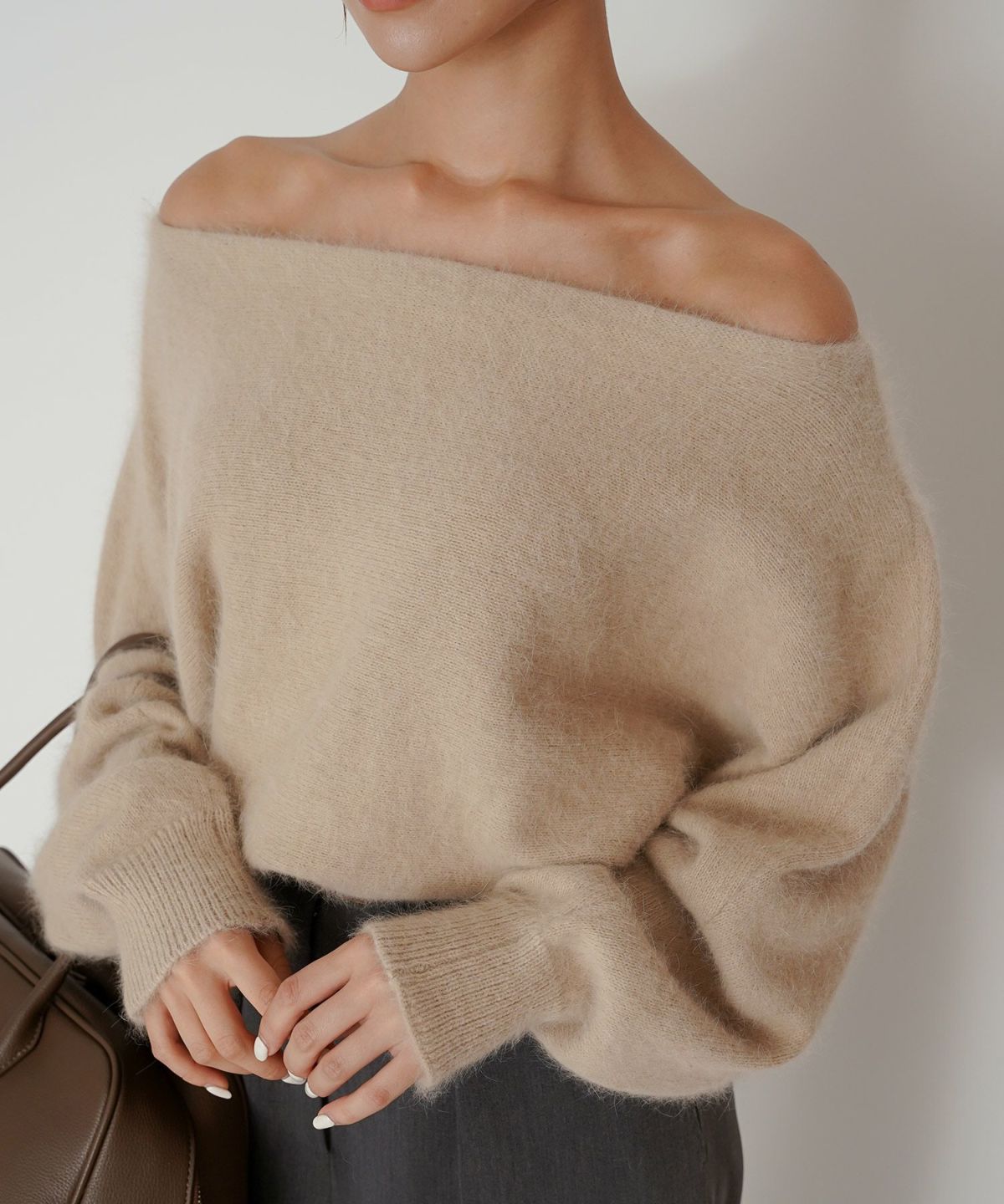 モヘア ラクーン オフショルニット ふんわりニット 女性らしい モテニット 韓国風 綺麗め 細見え カジュアル KINO THE KEI