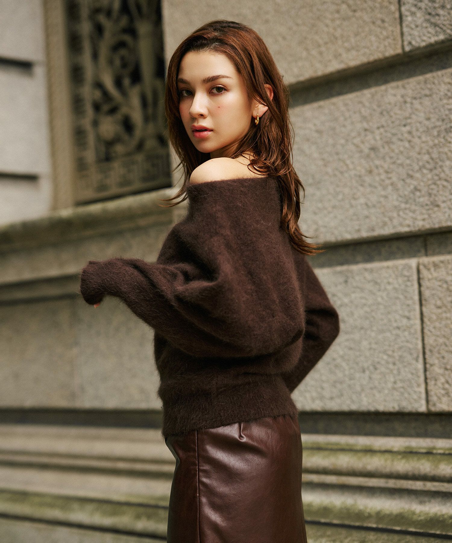 モヘア ラクーン オフショルニット ふんわりニット 女性らしい モテニット 韓国風 綺麗め 細見え カジュアル KINO THE KEI