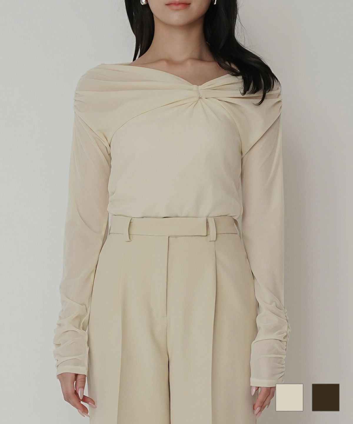 シアートップス レイヤード オフショルトップス ドレープ タイトトップス ベロア素材 韓国風 綺麗め 細見え カジュアル KINO THE KEI