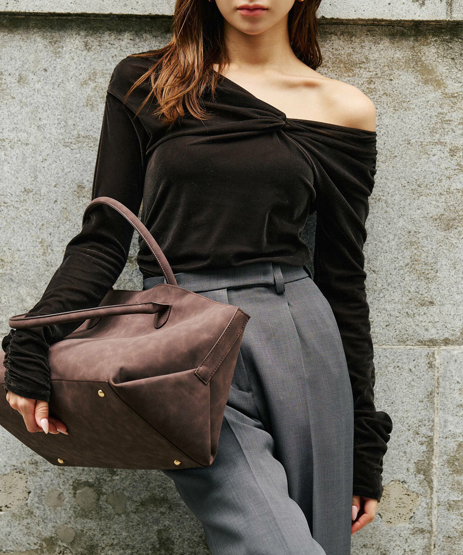 シアートップス レイヤード オフショルトップス ドレープ タイトトップス ベロア素材 韓国風 綺麗め 細見え カジュアル KINO THE KEI