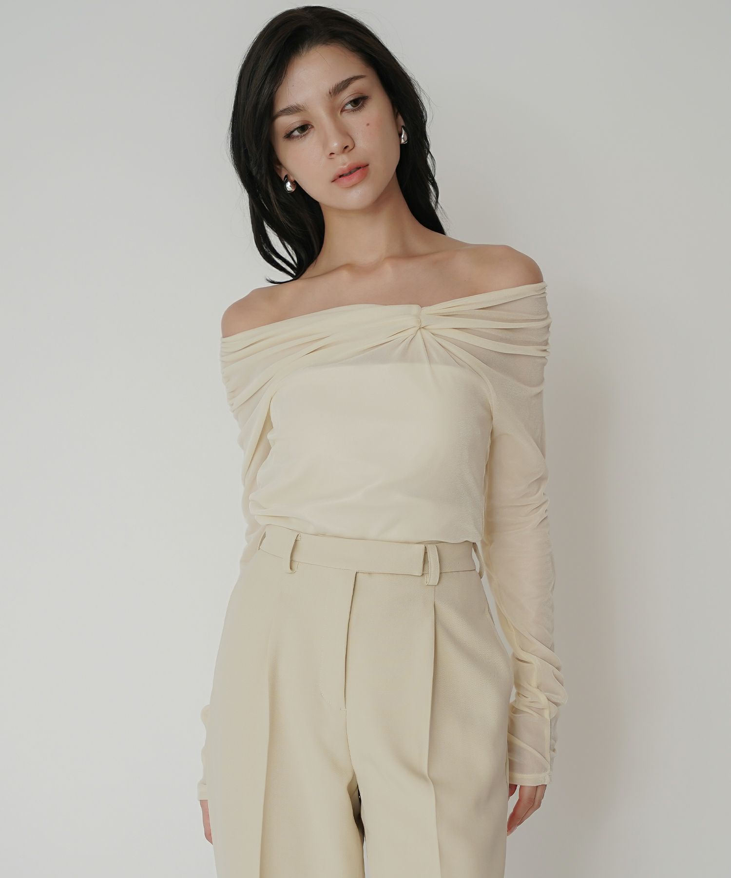 シアートップス レイヤード オフショルトップス ドレープ タイトトップス ベロア素材 韓国風 綺麗め 細見え カジュアル KINO THE KEI