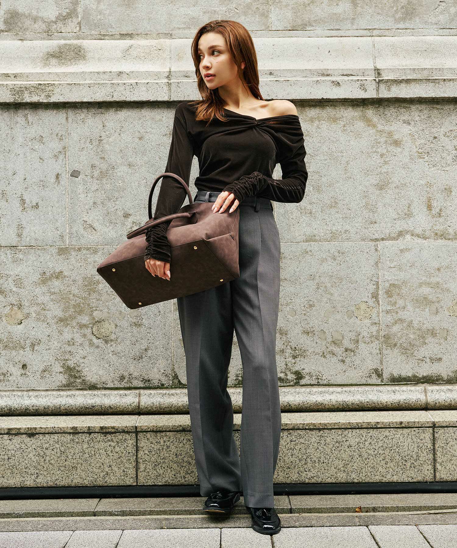 シアートップス レイヤード オフショルトップス ドレープ タイトトップス ベロア素材 韓国風 綺麗め 細見え カジュアル KINO THE KEI