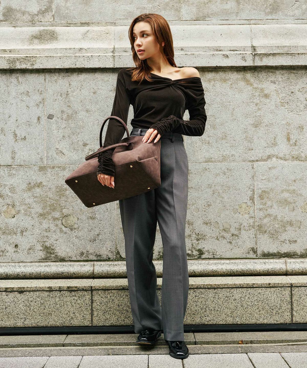 シアートップス レイヤード オフショルトップス ドレープ タイトトップス ベロア素材 韓国風 綺麗め 細見え カジュアル KINO THE KEI