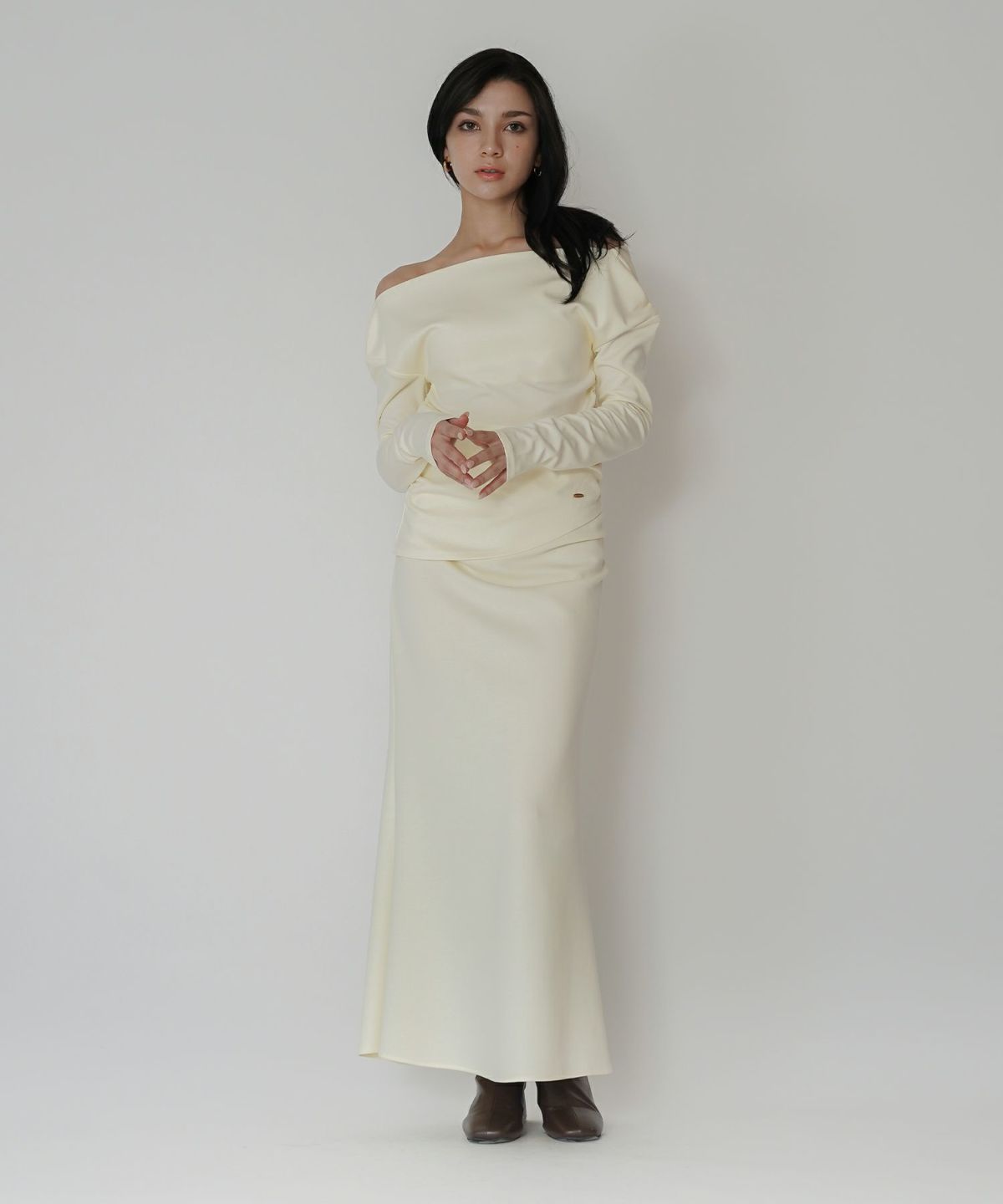 カットソー セットアップ オフショルトップス ドレープ タイトトップス 韓国風 綺麗め 細見え カジュアル KINO THE KEI