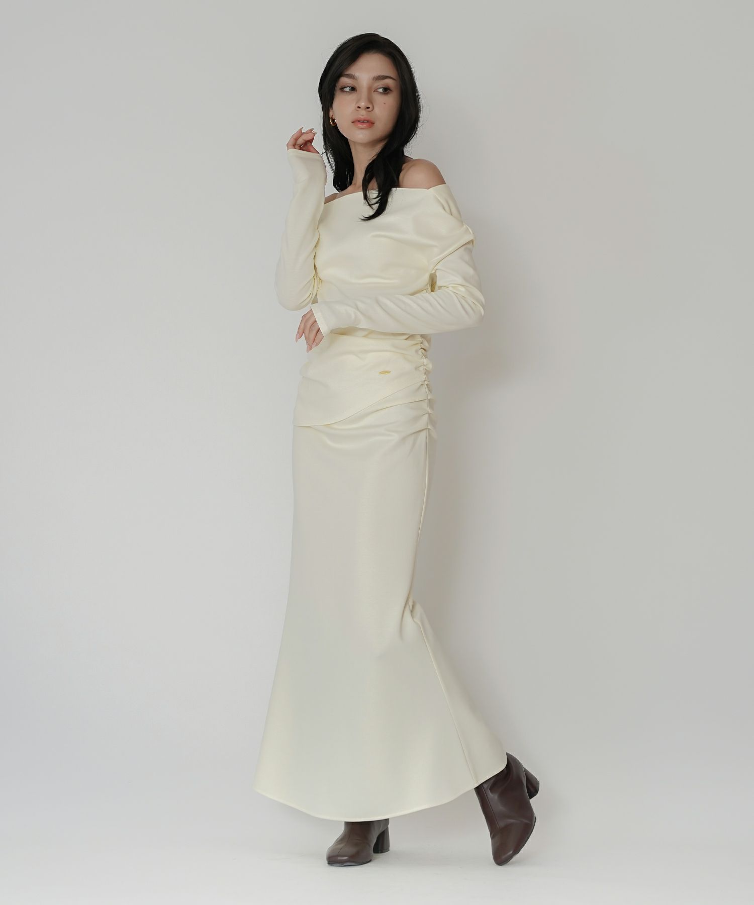 カットソー セットアップ オフショルトップス ドレープ タイトトップス 韓国風 綺麗め 細見え カジュアル KINO THE KEI