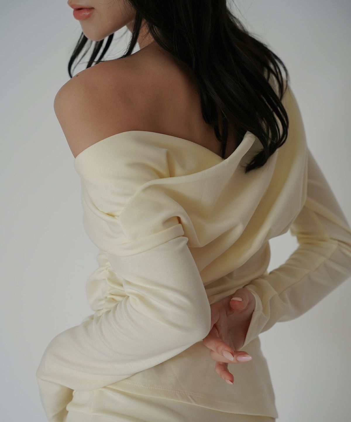 カットソー セットアップ オフショルトップス ドレープ タイトトップス 韓国風 綺麗め 細見え カジュアル KINO THE KEI