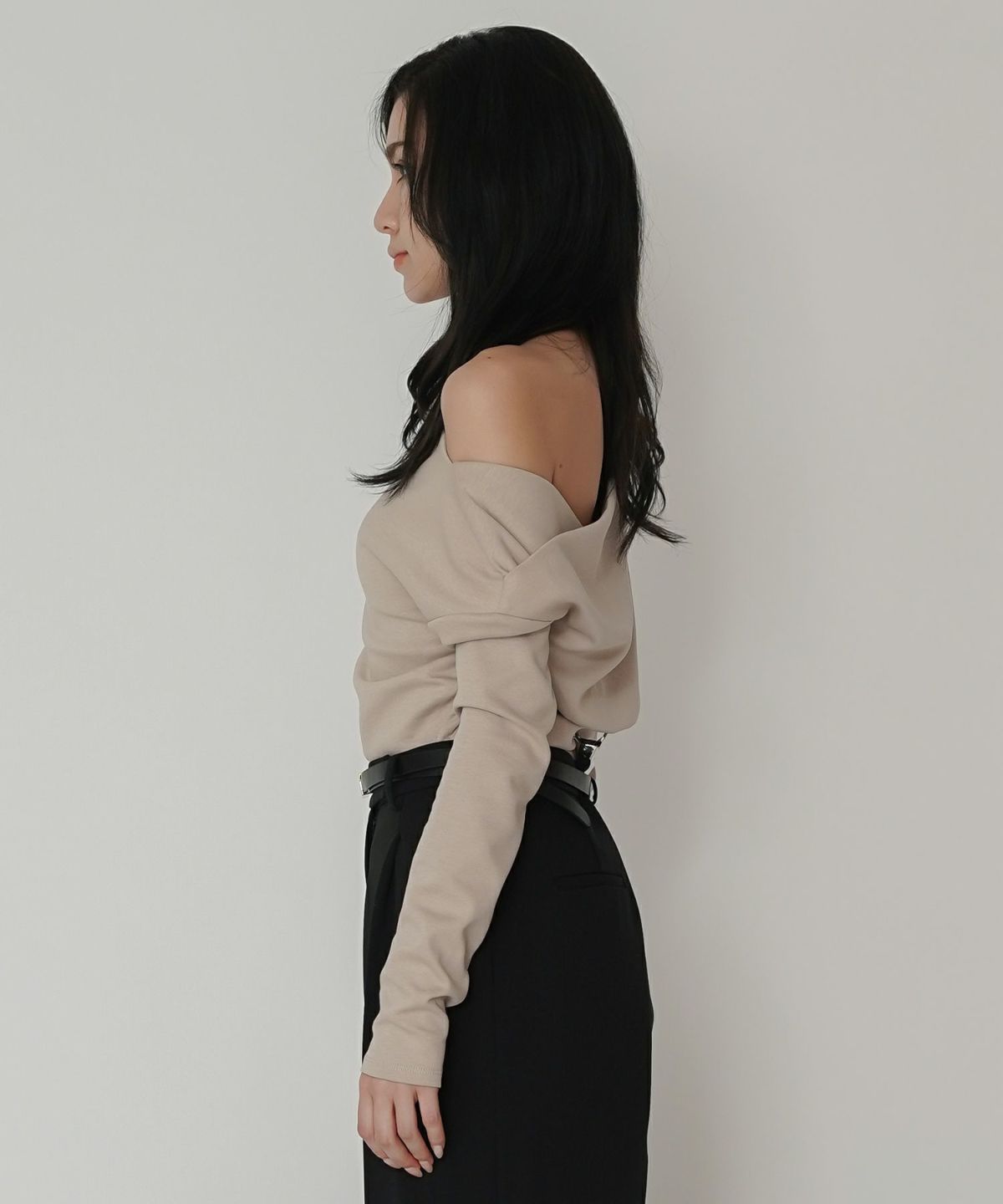 カットソー セットアップ オフショルトップス ドレープ タイトトップス 韓国風 綺麗め 細見え カジュアル KINO THE KEI