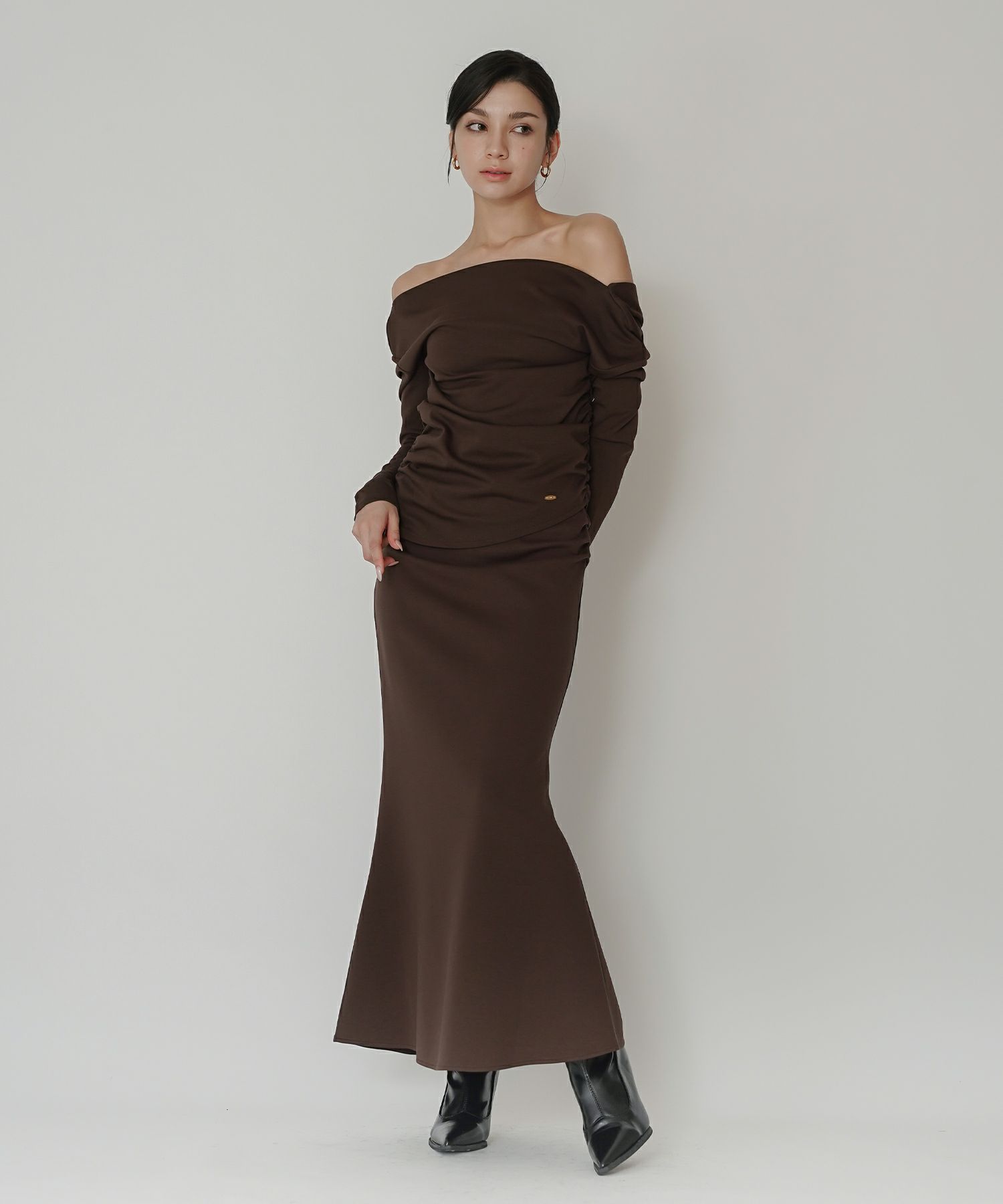 カットソー セットアップ オフショルトップス ドレープ タイトトップス 韓国風 綺麗め 細見え カジュアル KINO THE KEI