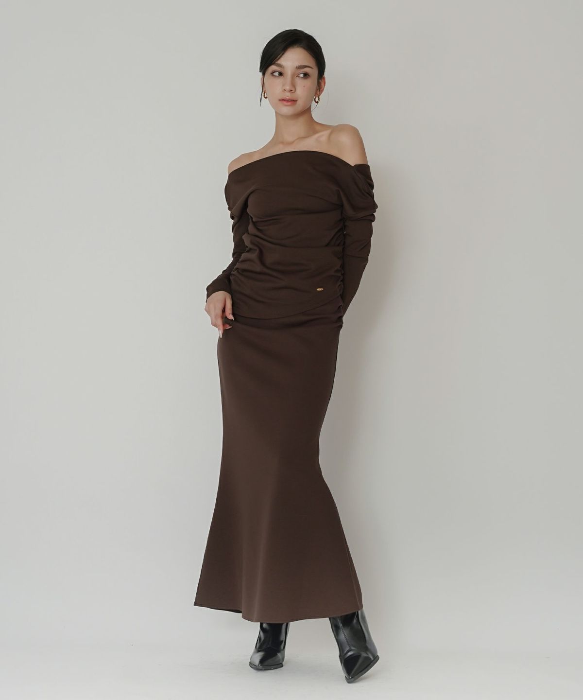 カットソー セットアップ オフショルトップス ドレープ タイトトップス 韓国風 綺麗め 細見え カジュアル KINO THE KEI