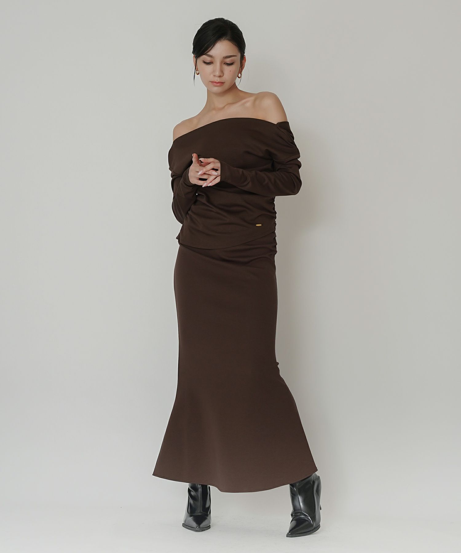 カットソー セットアップ オフショルトップス ドレープ タイトトップス 韓国風 綺麗め 細見え カジュアル KINO THE KEI