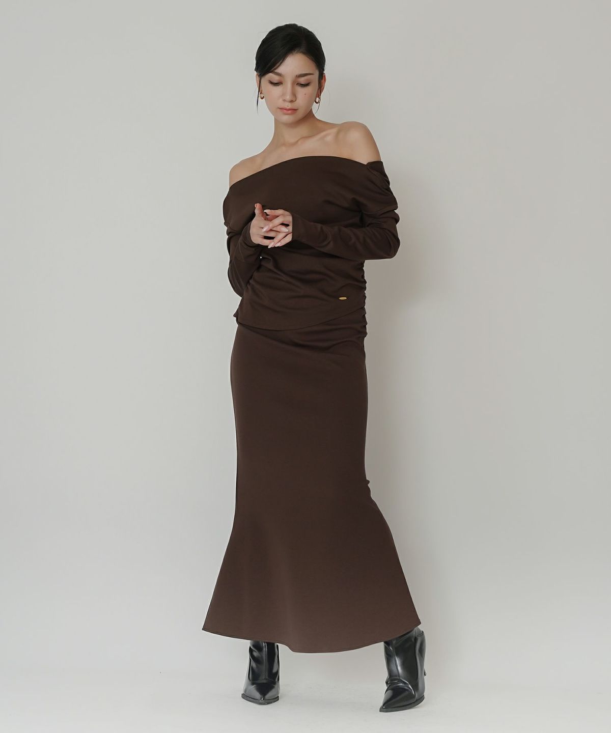 カットソー セットアップ オフショルトップス ドレープ タイトトップス 韓国風 綺麗め 細見え カジュアル KINO THE KEI