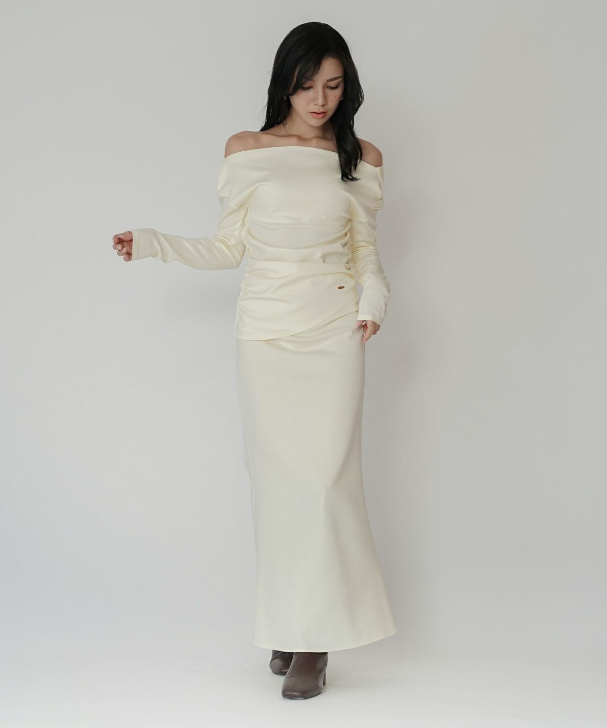 カットソー セットアップ マーメイドスカート ロングスカート ドレープ タイトスカート 韓国風 綺麗め 細見え カジュアル KINO THE KEI