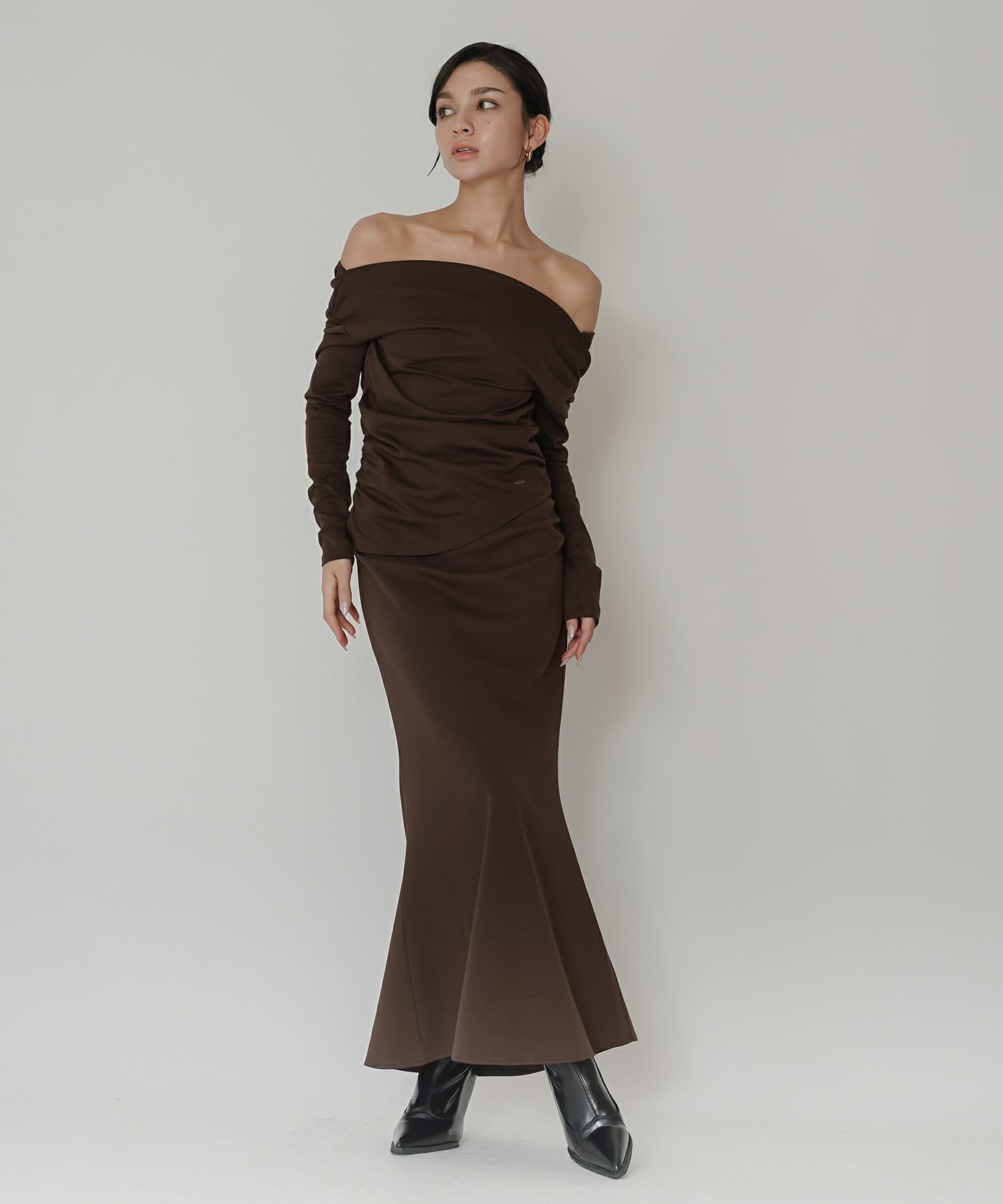 カットソー セットアップ マーメイドスカート ロングスカート ドレープ タイトスカート 韓国風 綺麗め 細見え カジュアル KINO THE KEI