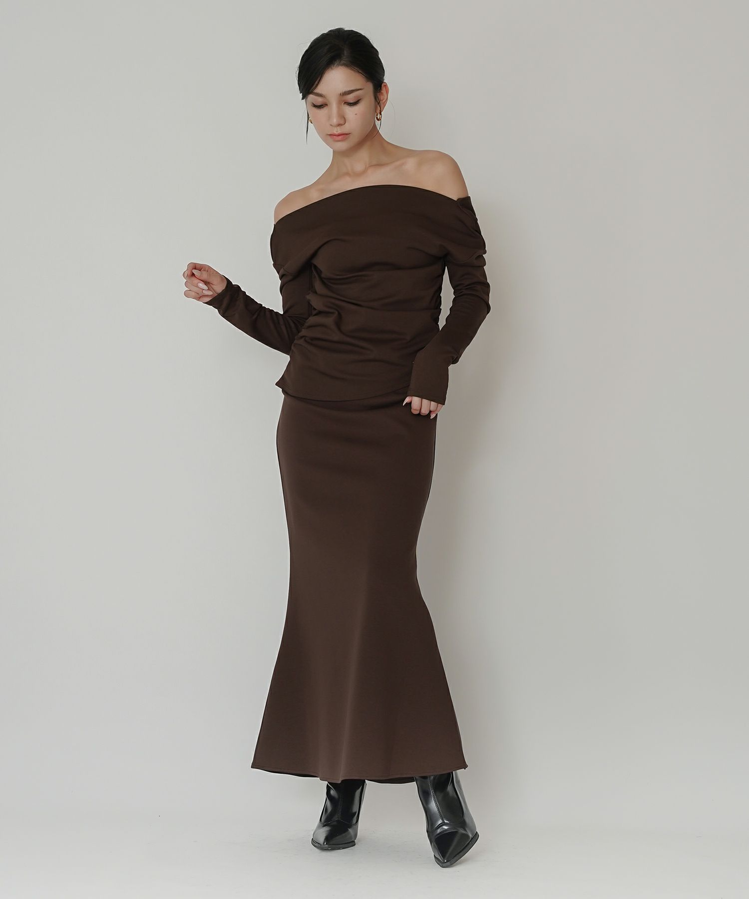 カットソー セットアップ マーメイドスカート ロングスカート ドレープ タイトスカート 韓国風 綺麗め 細見え カジュアル KINO THE KEI