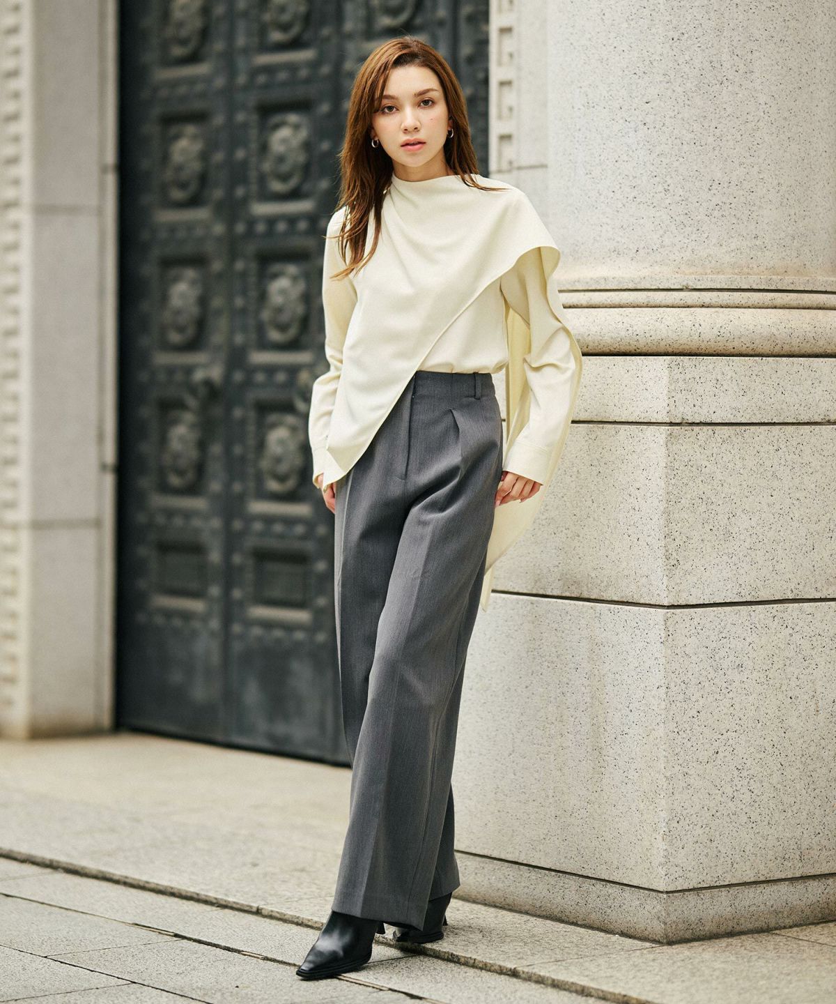 フレアシルエット お仕事 オフィス ディナー フォーマル ドレープ モード 変形シャツ  韓国風 綺麗め 細見え カジュアル KINO THE KEI