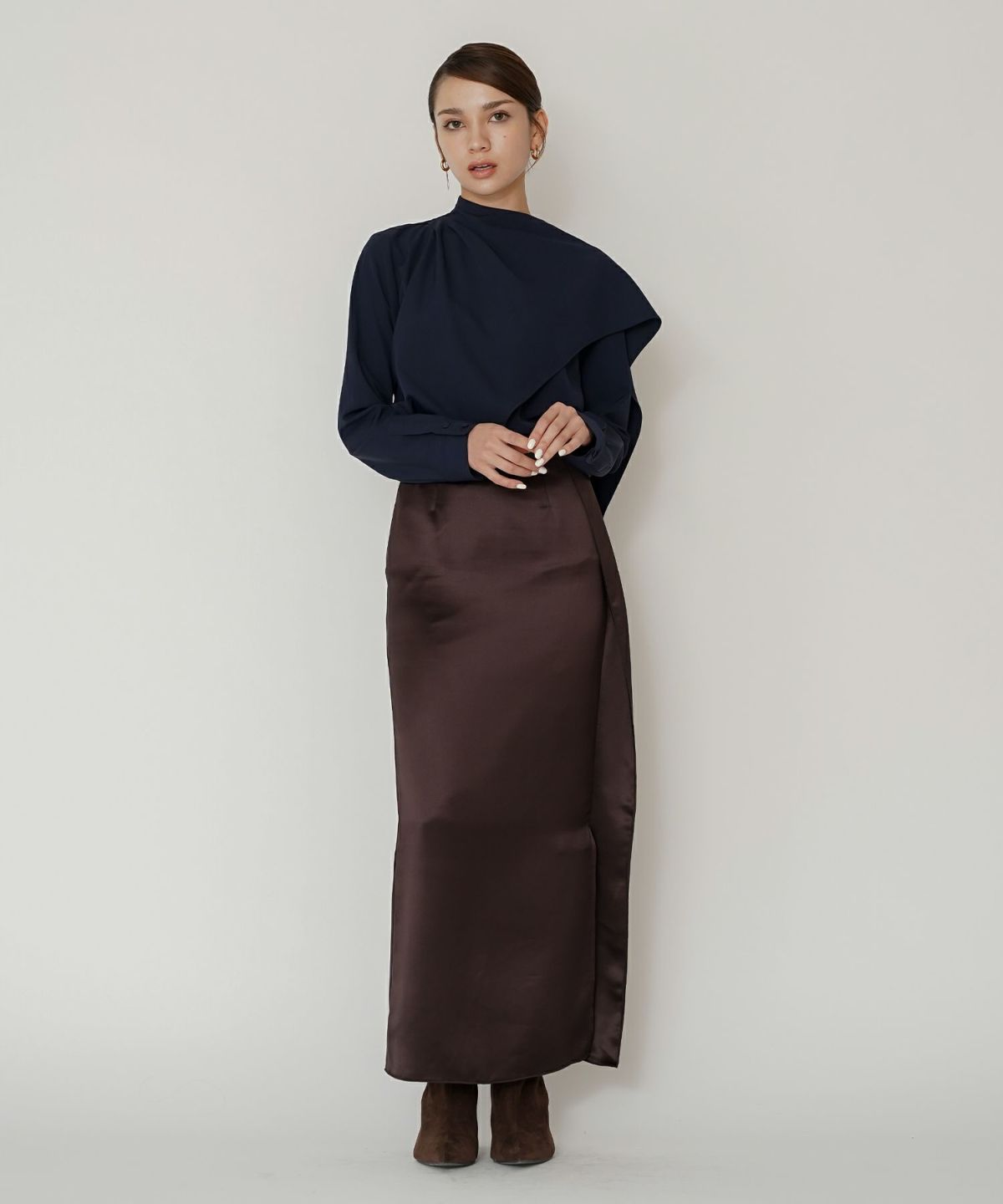 フレアシルエット お仕事 オフィス ディナー フォーマル ドレープ モード 変形シャツ  韓国風 綺麗め 細見え カジュアル KINO THE KEI