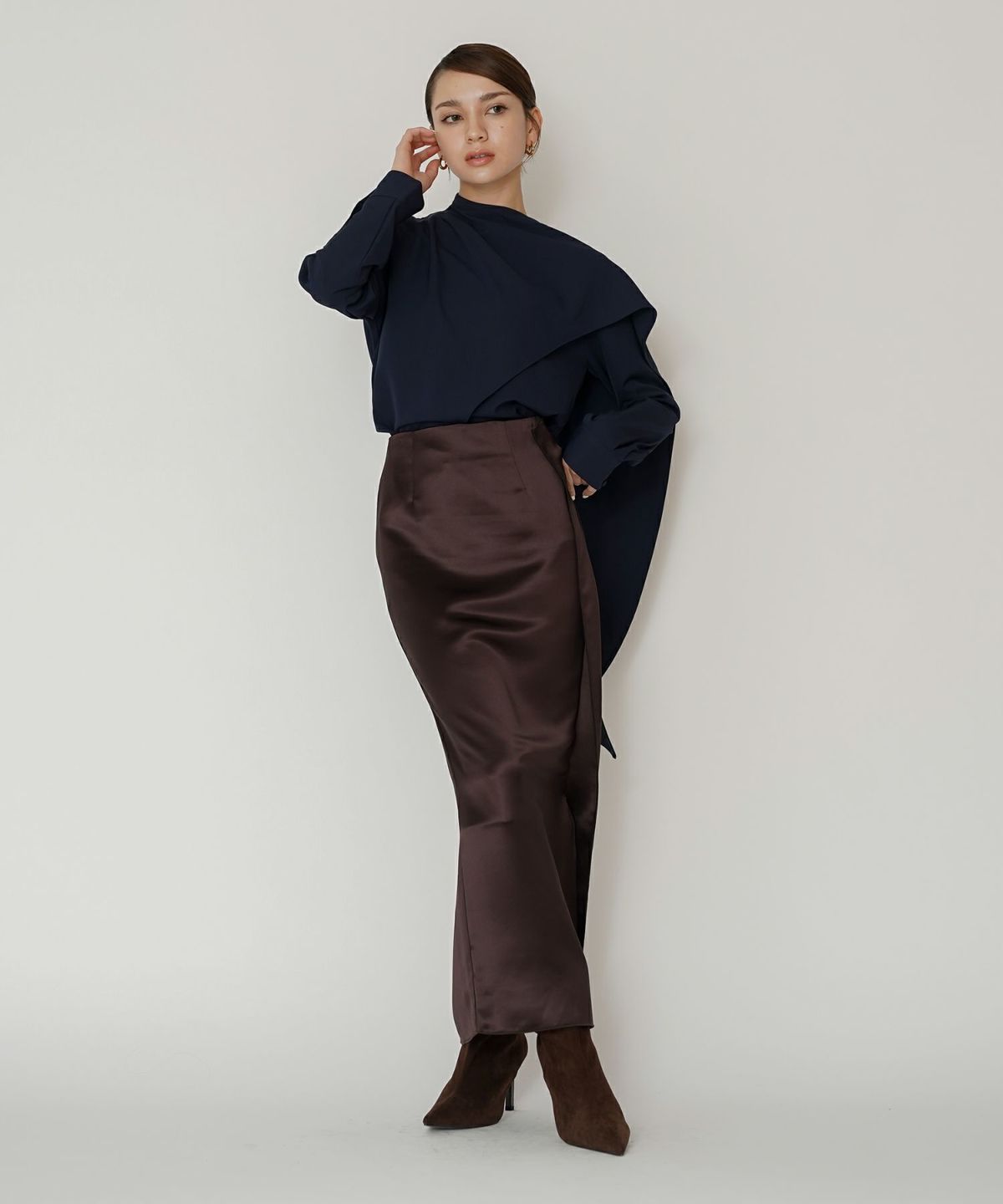 フレアシルエット お仕事 オフィス ディナー フォーマル ドレープ モード 変形シャツ  韓国風 綺麗め 細見え カジュアル KINO THE KEI