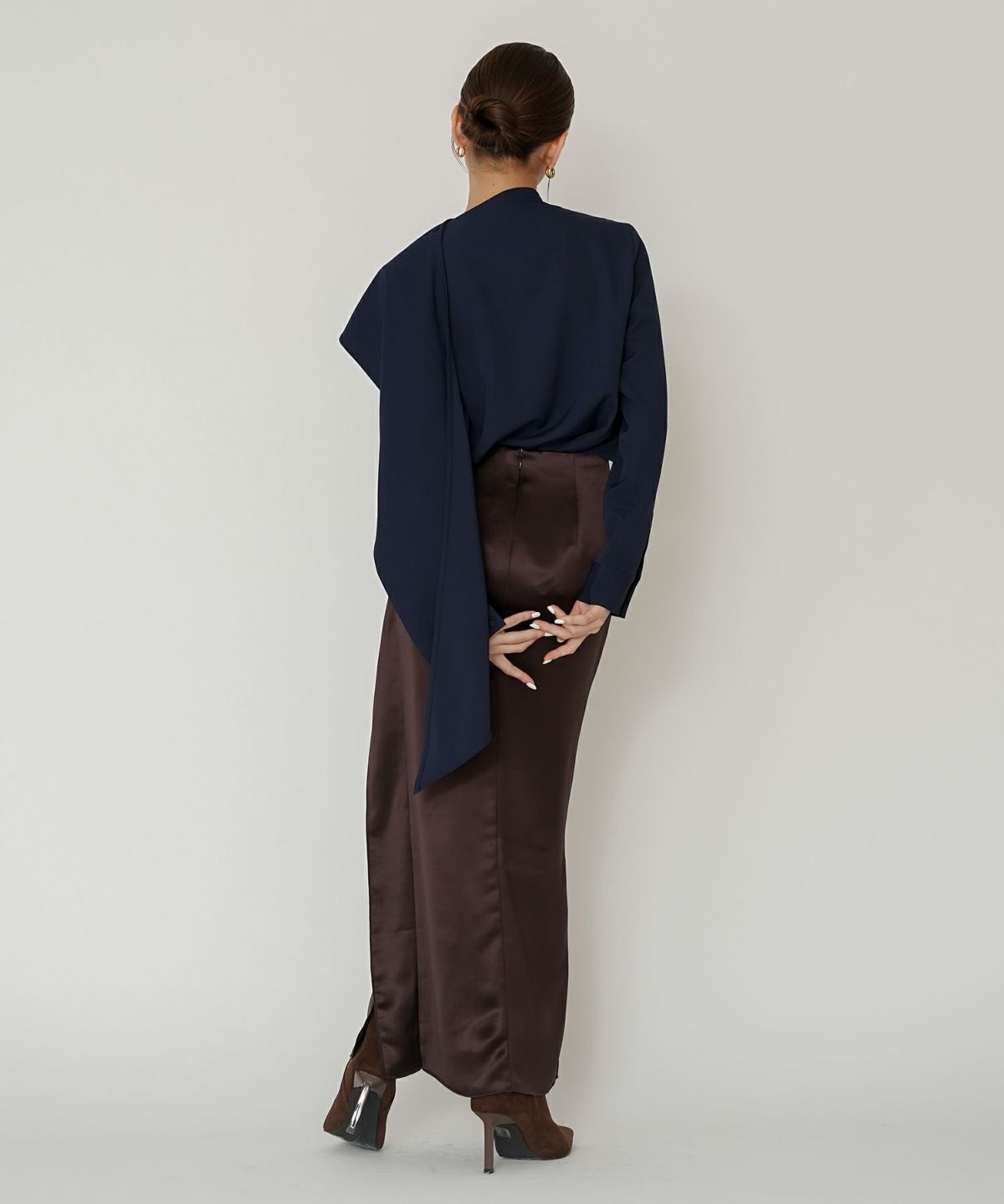 フレアシルエット お仕事 オフィス ディナー フォーマル ドレープ モード 変形シャツ  韓国風 綺麗め 細見え カジュアル KINO THE KEI