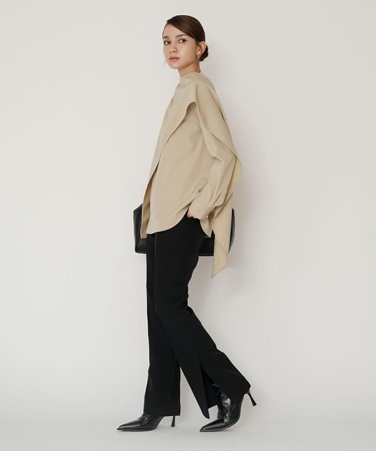 フレアシルエット お仕事 オフィス ディナー フォーマル ドレープ モード 変形シャツ  韓国風 綺麗め 細見え カジュアル KINO THE KEI