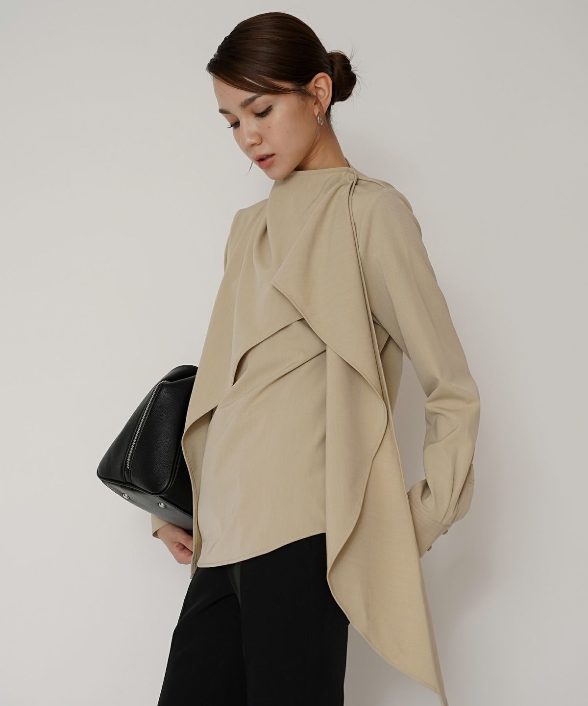 フレアシルエット お仕事 オフィス ディナー フォーマル ドレープ モード 変形シャツ  韓国風 綺麗め 細見え カジュアル KINO THE KEI