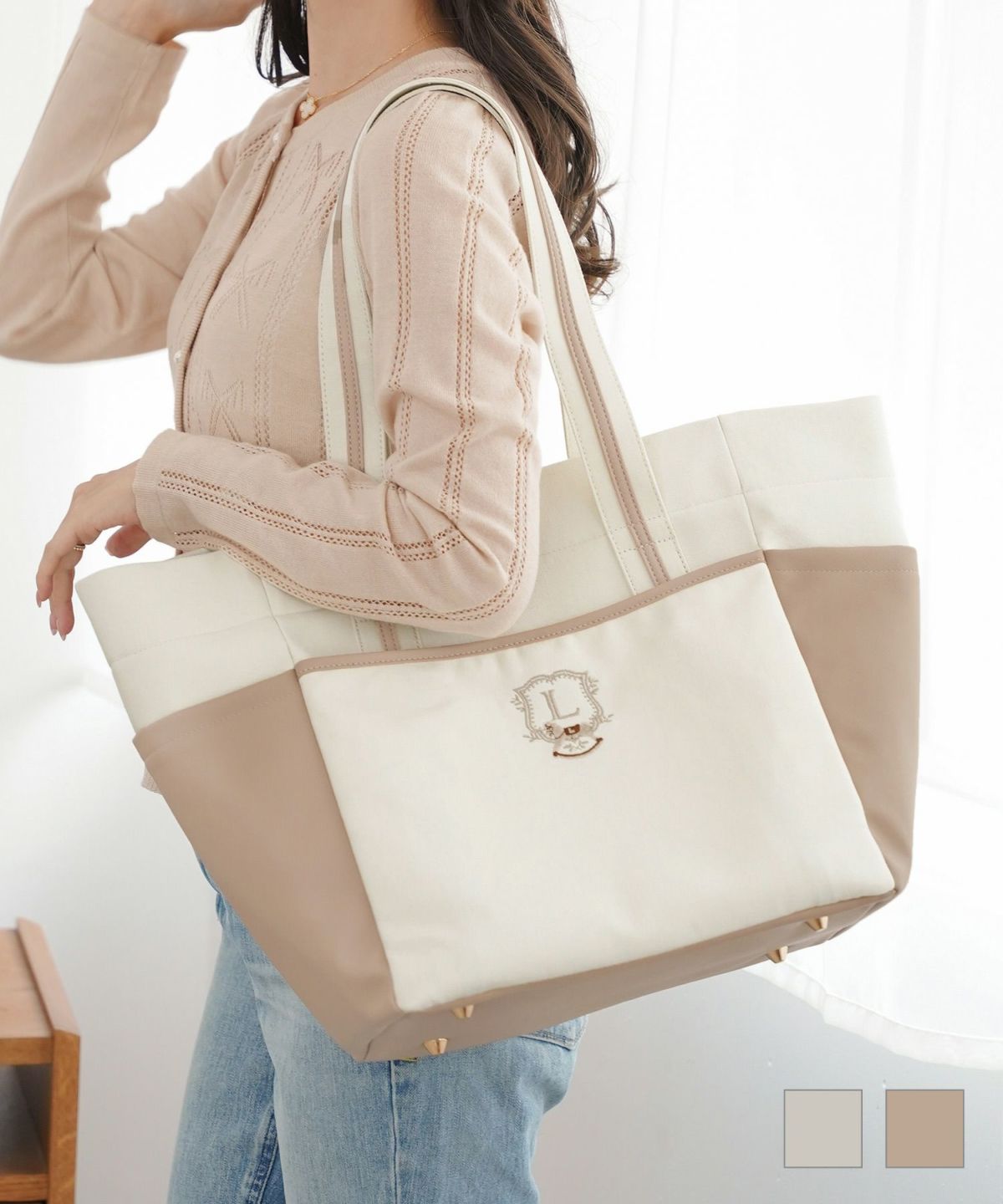 刺繍マザーズキャンバストートlerevevanillerライトグレー/ベージュ