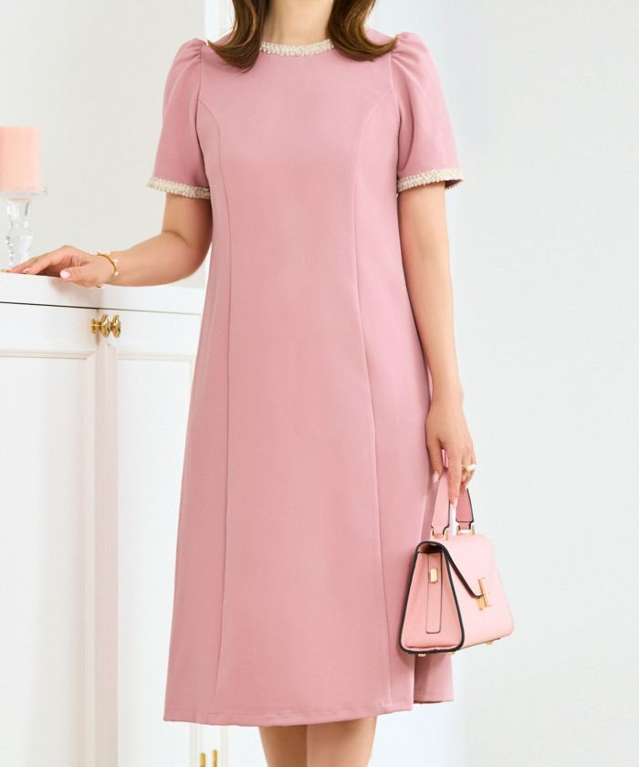 ワンピース レディース ファッション 半袖 きれいめ かわいい 大人 オフィス バイカラー 配色 膝丈 とろみ ジョイントスペース