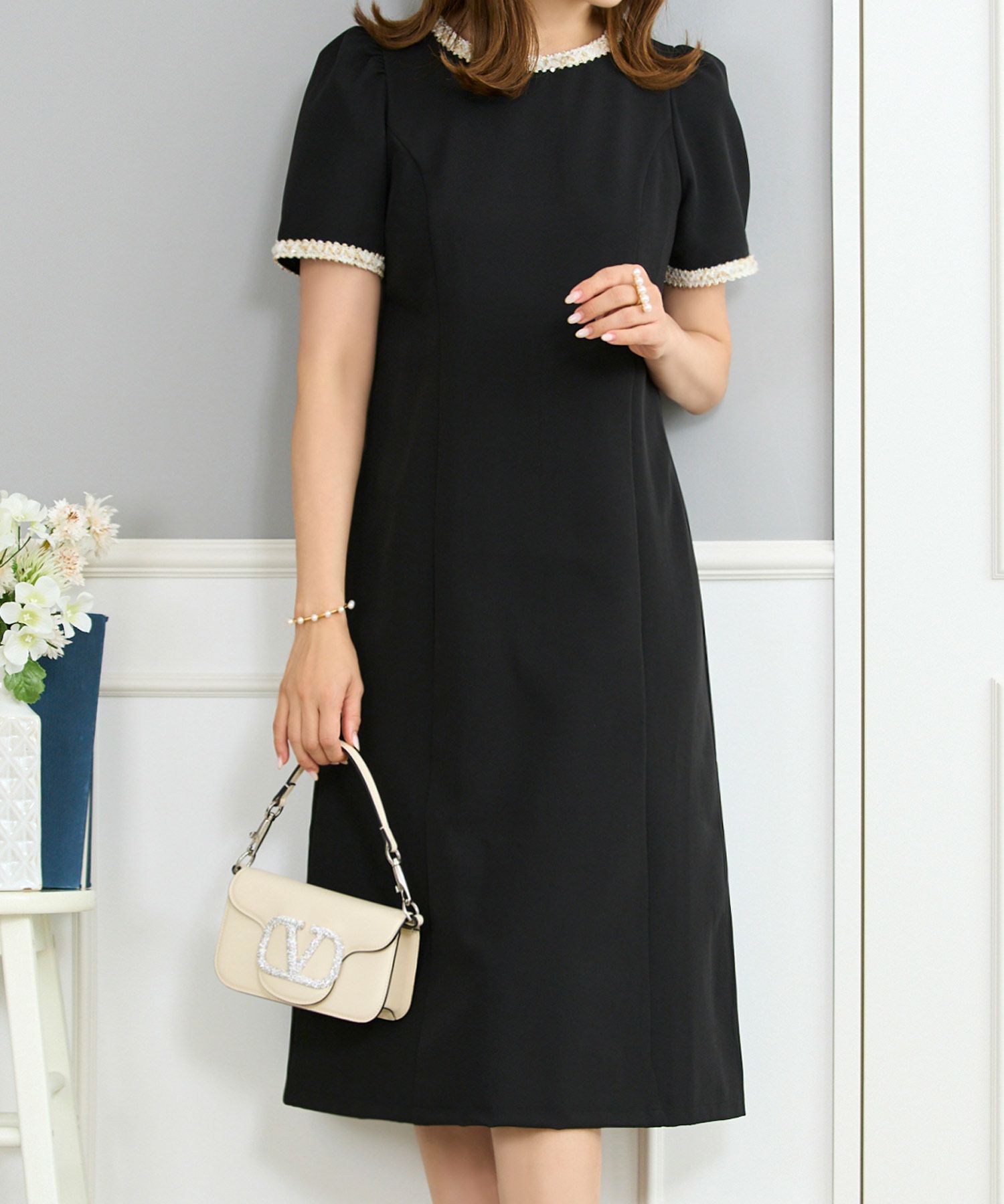 ワンピース レディース ファッション 半袖 きれいめ かわいい 大人 オフィス バイカラー 配色 膝丈 とろみ ジョイントスペース