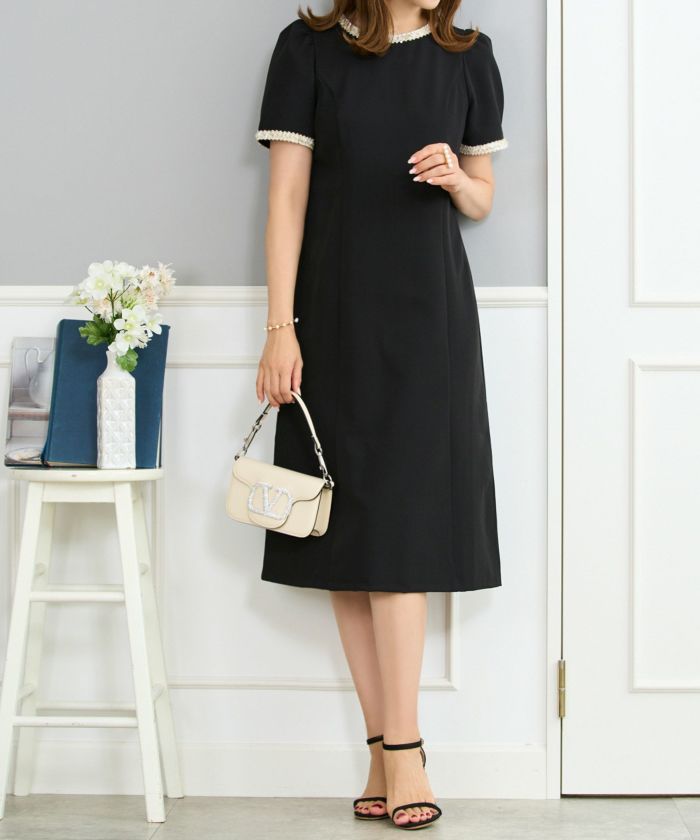 ワンピース レディース ファッション 半袖 きれいめ かわいい 大人 オフィス バイカラー 配色 膝丈 とろみ ジョイントスペース