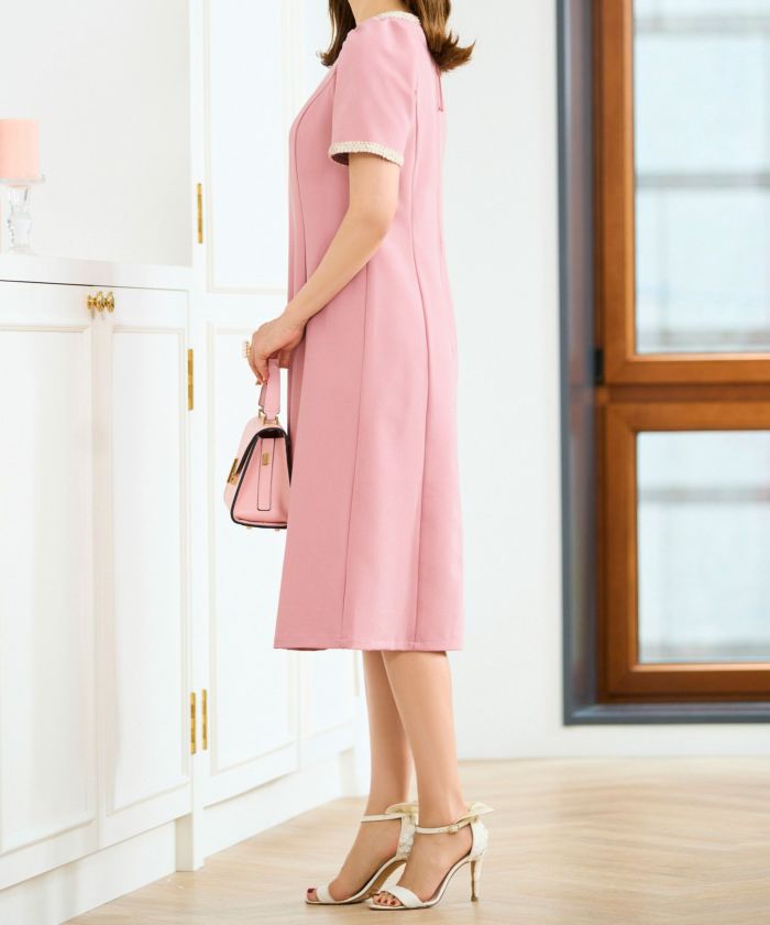 ワンピース レディース ファッション 半袖 きれいめ かわいい 大人 オフィス バイカラー 配色 膝丈 とろみ ジョイントスペース