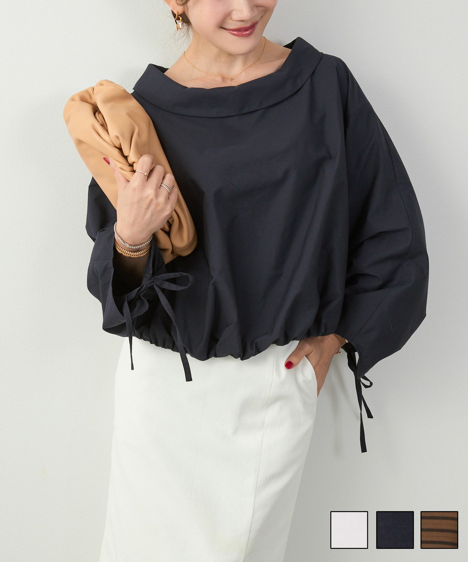 ロールカラー 袖ドロスト ブラウス Liala×PG 全3色｜lpg871-2166【1】