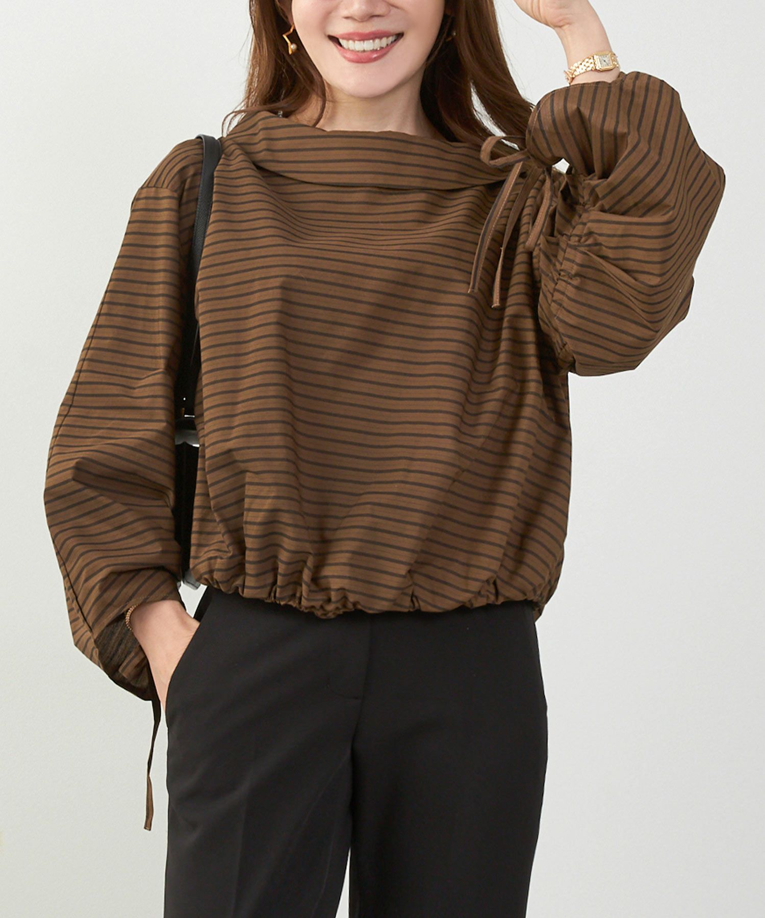 かわいい 上品 きれいめ 大人カジュアル オフィス シンプル 柄 ストライプ バルーン 春 秋 体型カバー ジョイントスペース