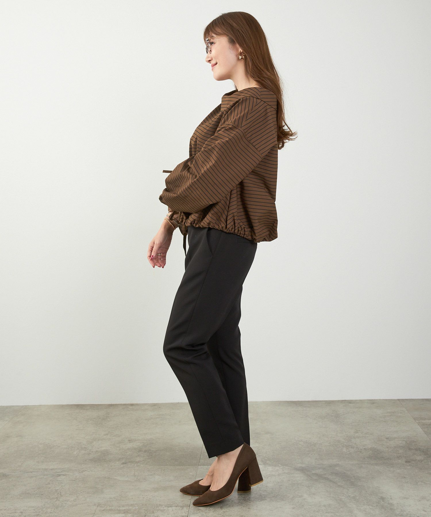 かわいい 上品 きれいめ 大人カジュアル オフィス シンプル 柄 ストライプ バルーン 春 秋 体型カバー ジョイントスペース