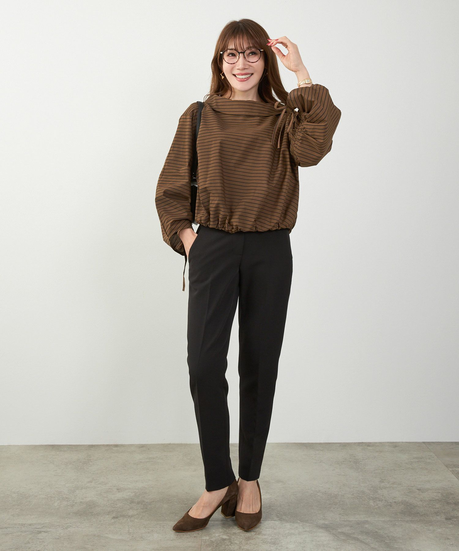 かわいい 上品 きれいめ 大人カジュアル オフィス シンプル 柄 ストライプ バルーン 春 秋 体型カバー ジョイントスペース