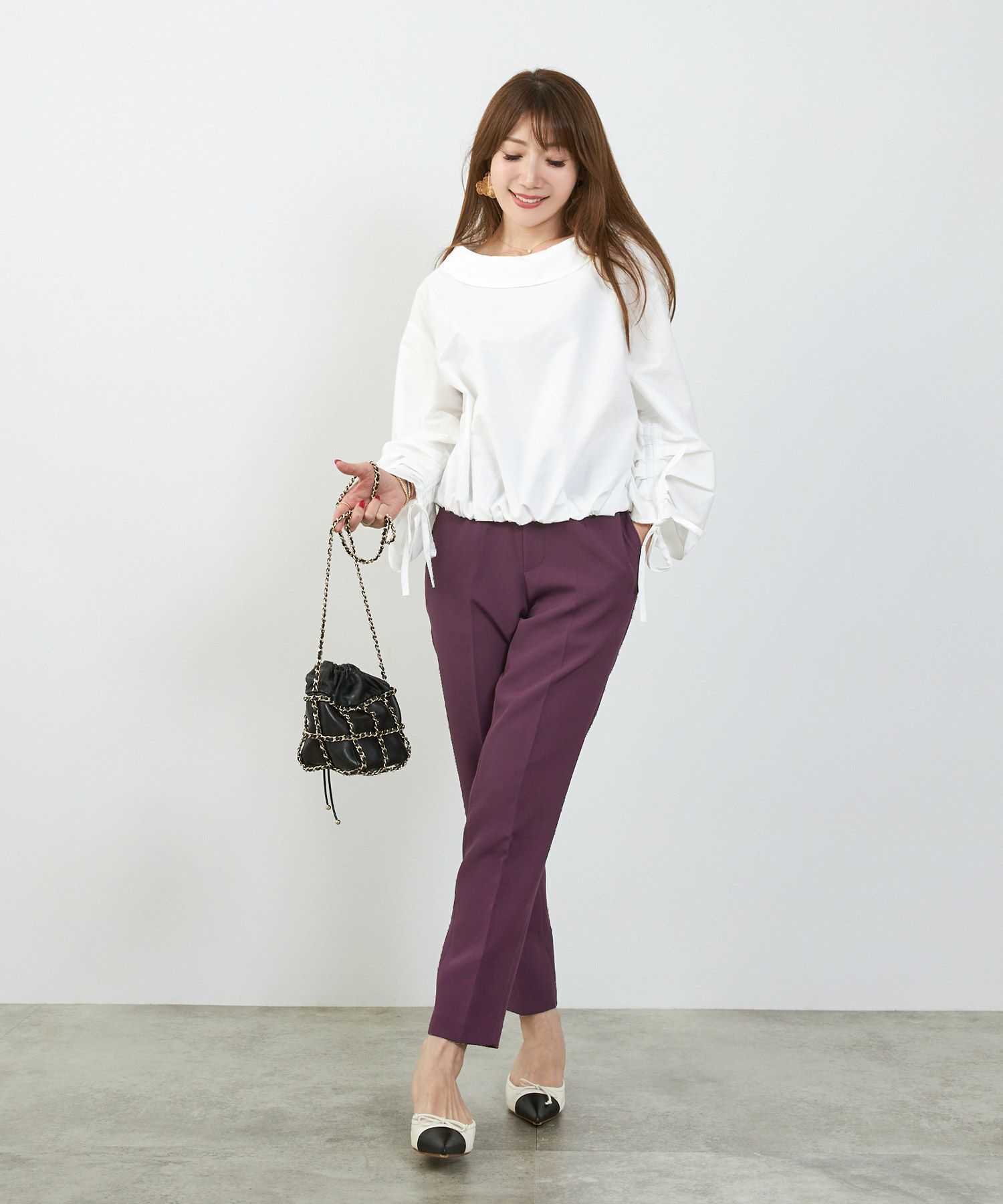 かわいい 上品 きれいめ 大人カジュアル オフィス シンプル 柄 ストライプ バルーン 春 秋 体型カバー ジョイントスペース