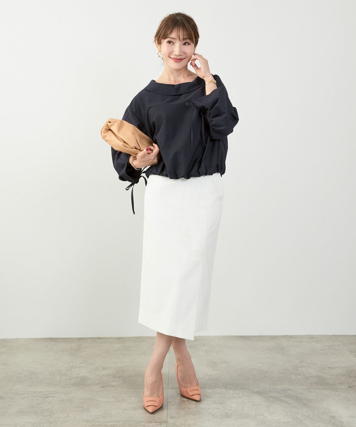 かわいい 上品 きれいめ 大人カジュアル オフィス シンプル 柄 ストライプ バルーン 春 秋 体型カバー ジョイントスペース