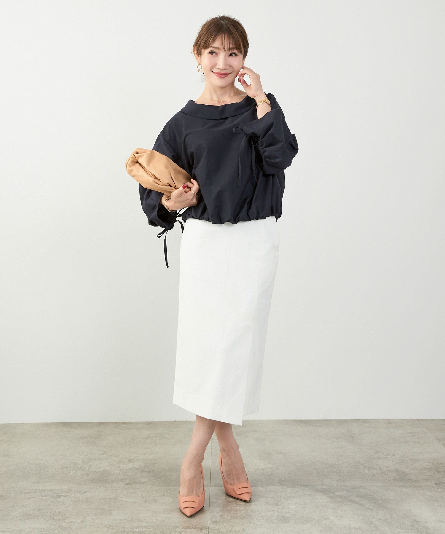 かわいい 上品 きれいめ 大人カジュアル オフィス シンプル 柄 ストライプ バルーン 春 秋 体型カバー ジョイントスペース