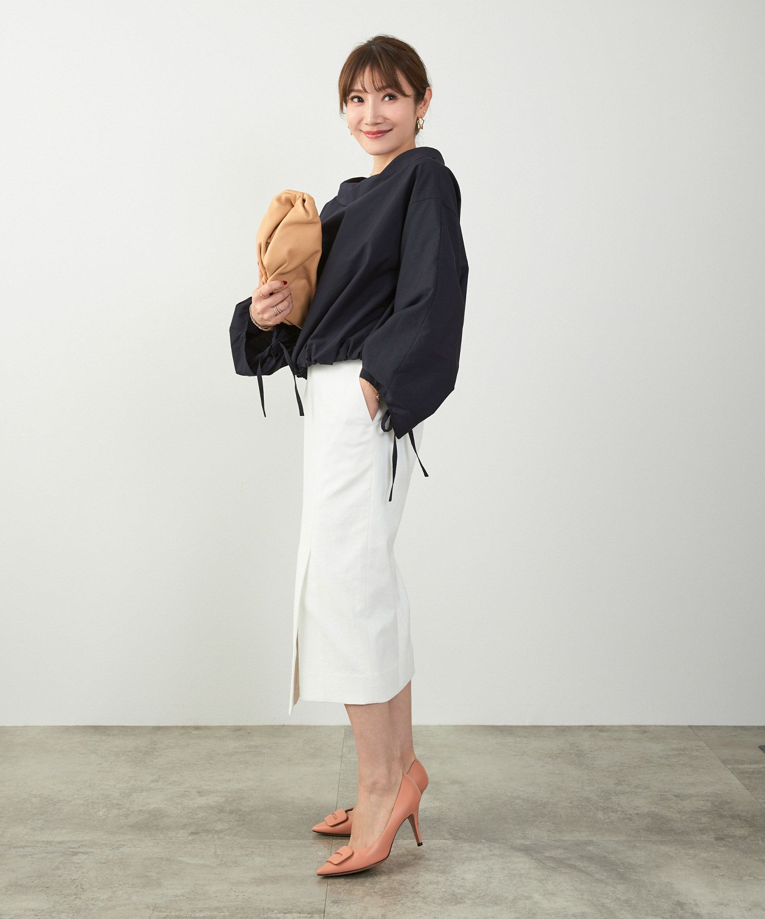 かわいい 上品 きれいめ 大人カジュアル オフィス シンプル 柄 ストライプ バルーン 春 秋 体型カバー ジョイントスペース