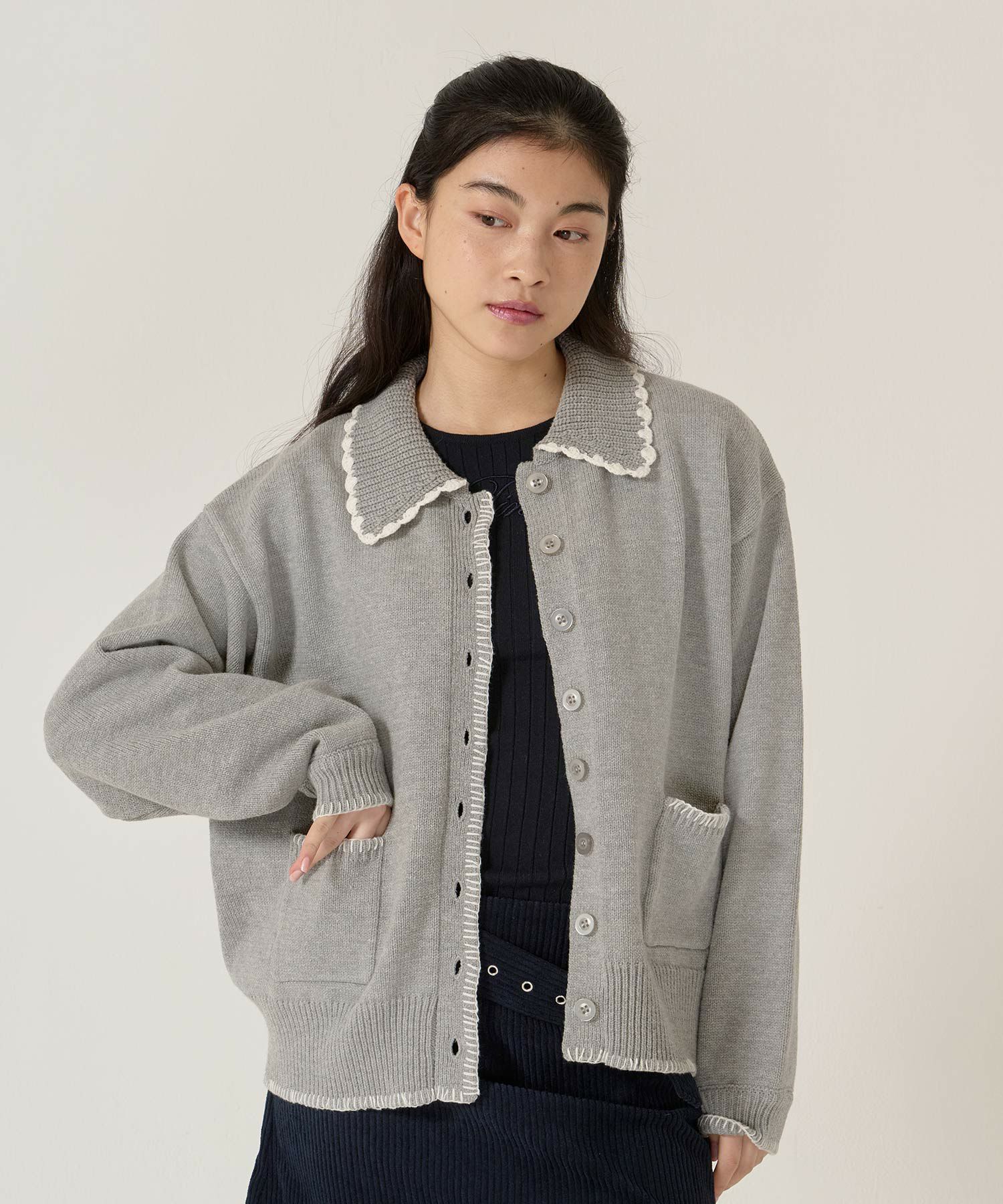  ハンドステッチ/ ニット/ジャケット/アイボリー