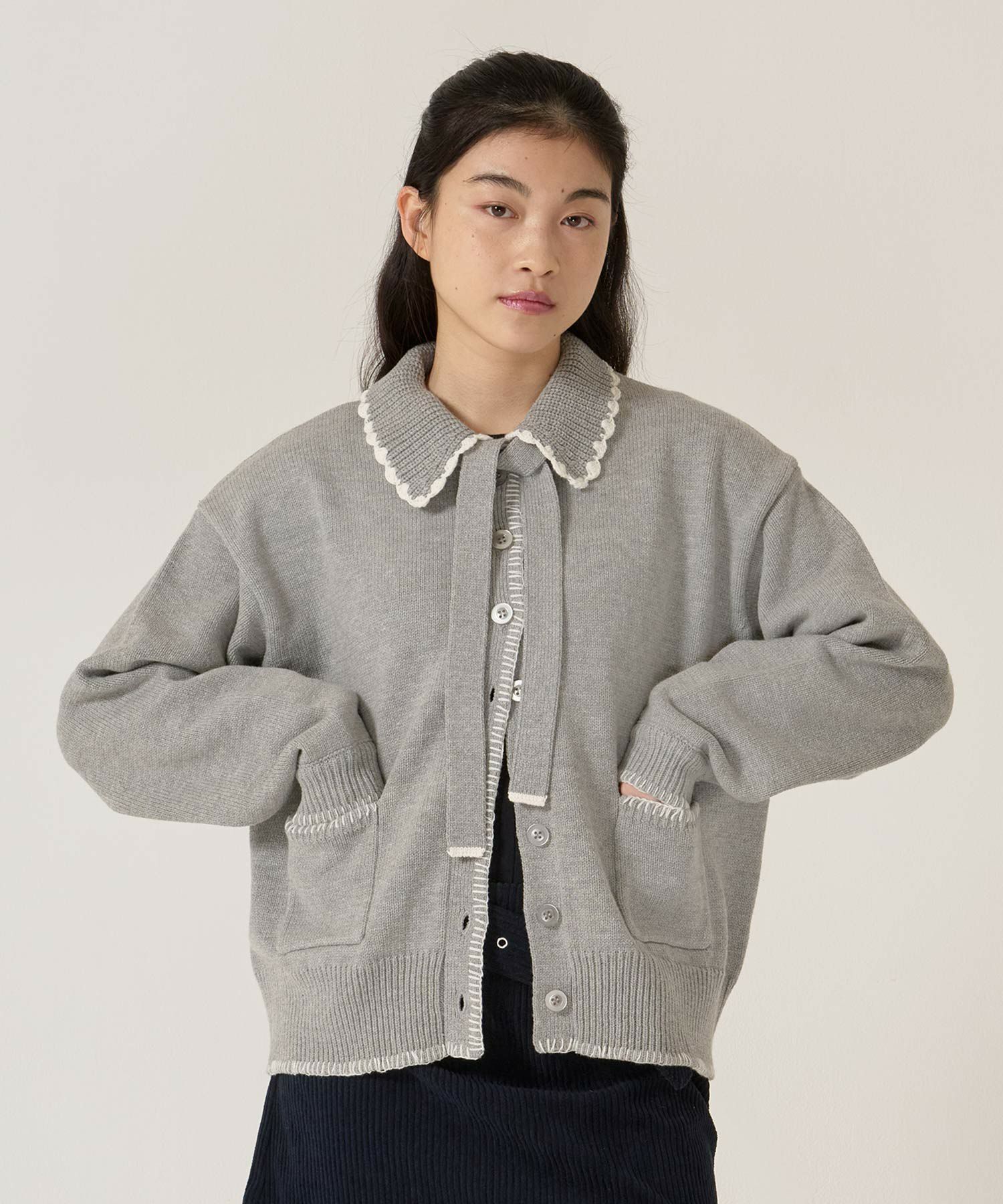  ハンドステッチ/ ニット/ジャケット/アイボリー