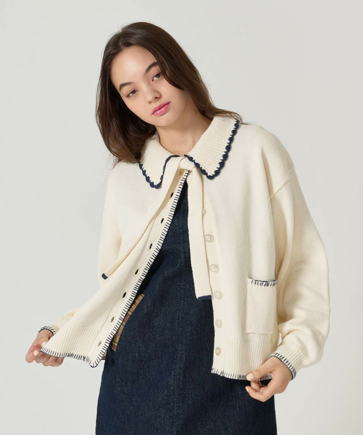  ハンドステッチ/ ニット/ジャケット/アイボリー