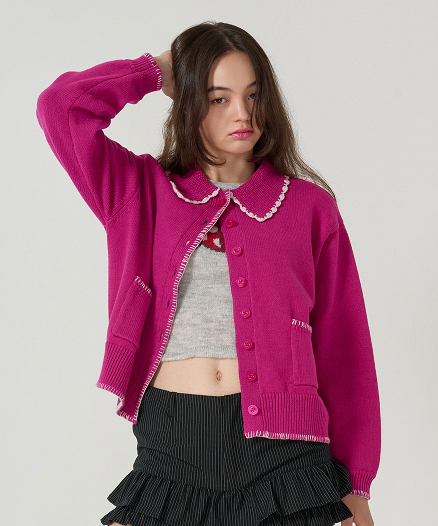  ハンドステッチ/ ニット/ジャケット/プラム