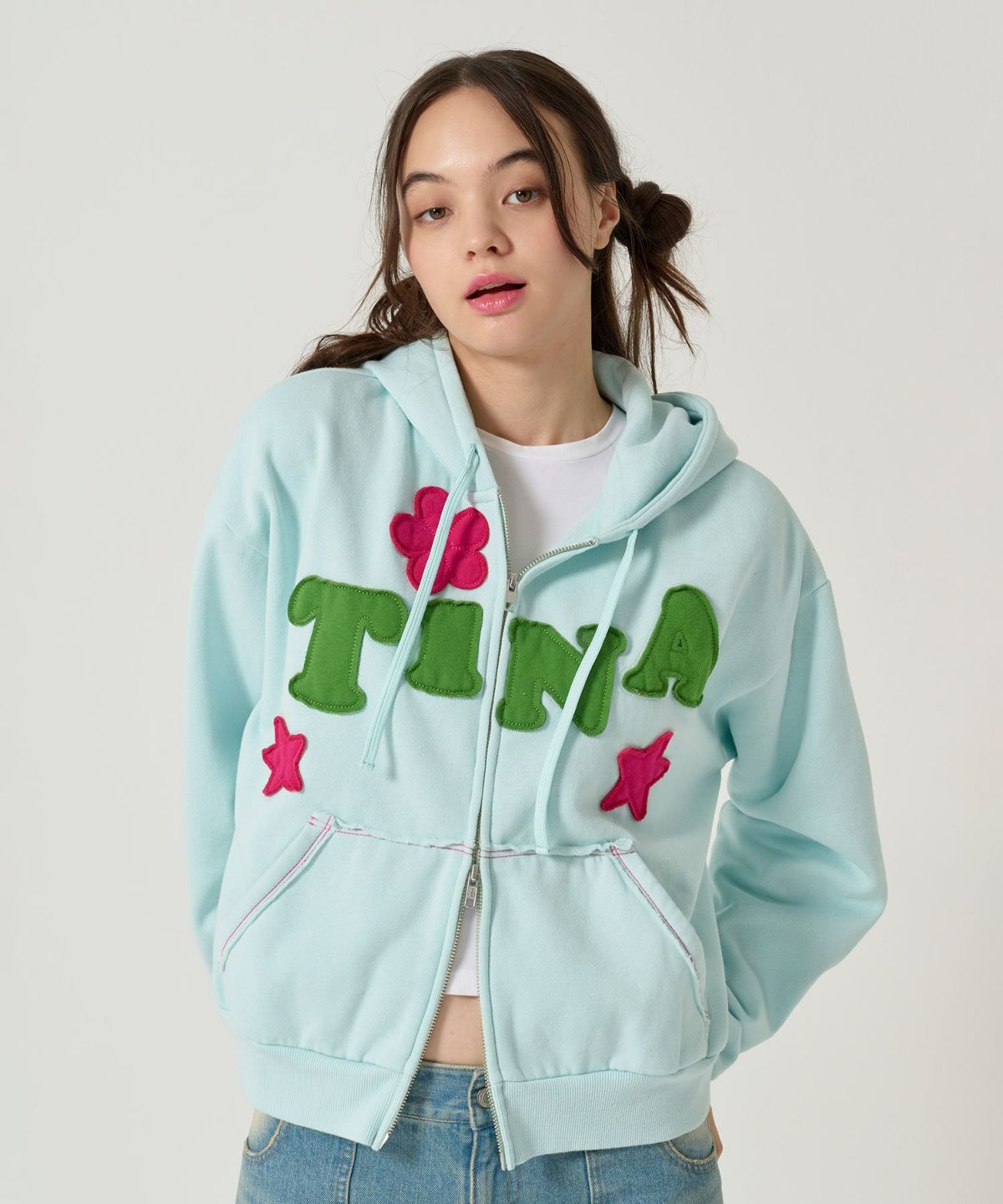 パッチワーク/フーディー/パーカー/ライトブルー