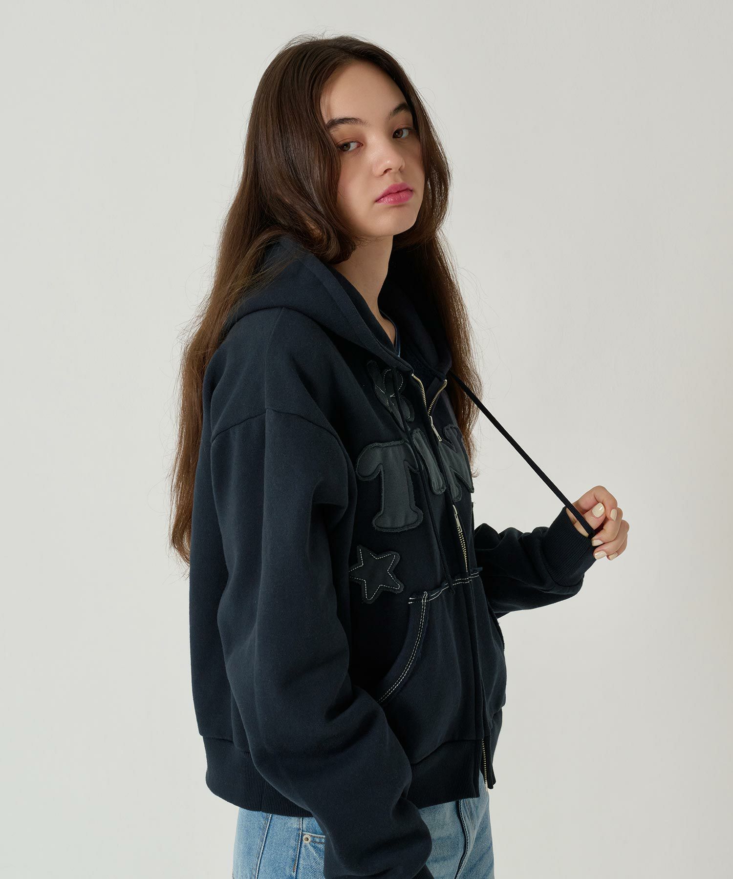 パッチワーク/フーディー/パーカー/ネイビー/ライトブルー