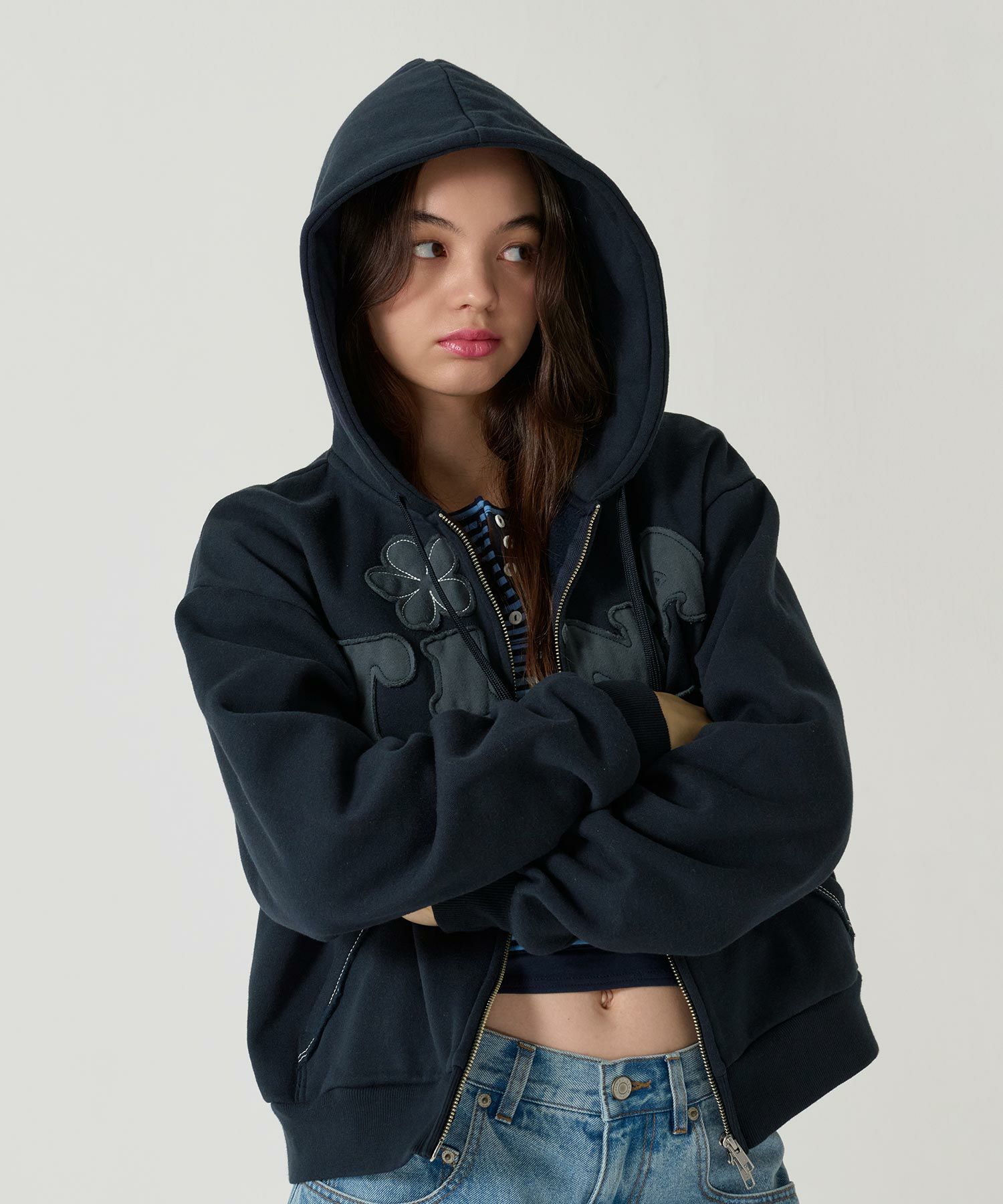 パッチワーク/フーディー/パーカー/ネイビー/ライトブルー