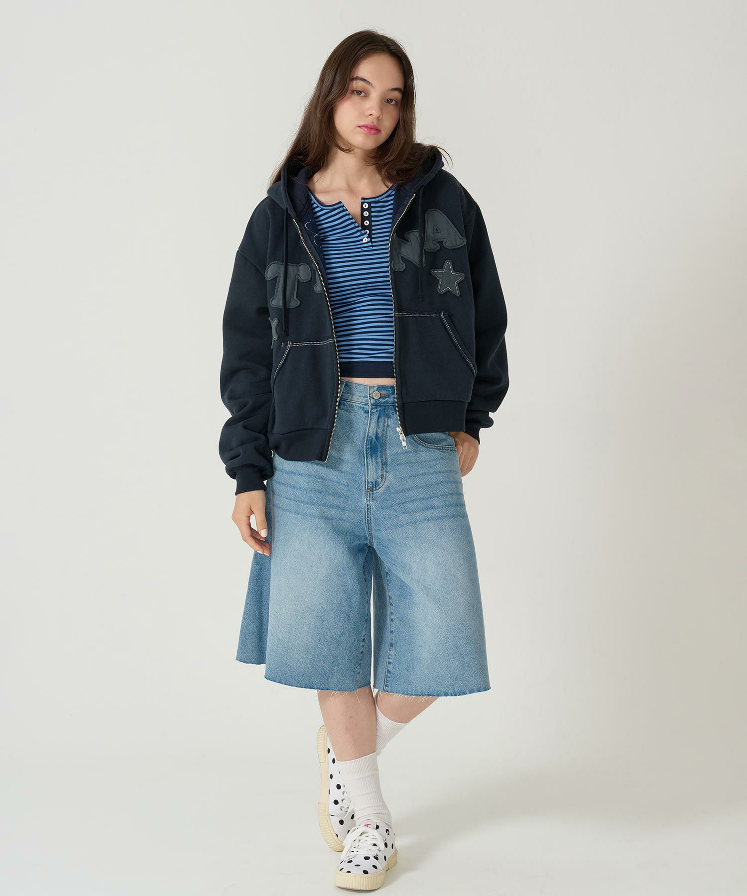 パッチワーク/フーディー/パーカー/ネイビー/ライトブルー